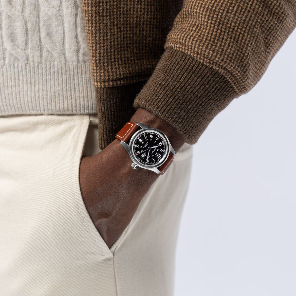 Hamilton Khaki Field Avengers Black Dial Leather watch worn on wrist