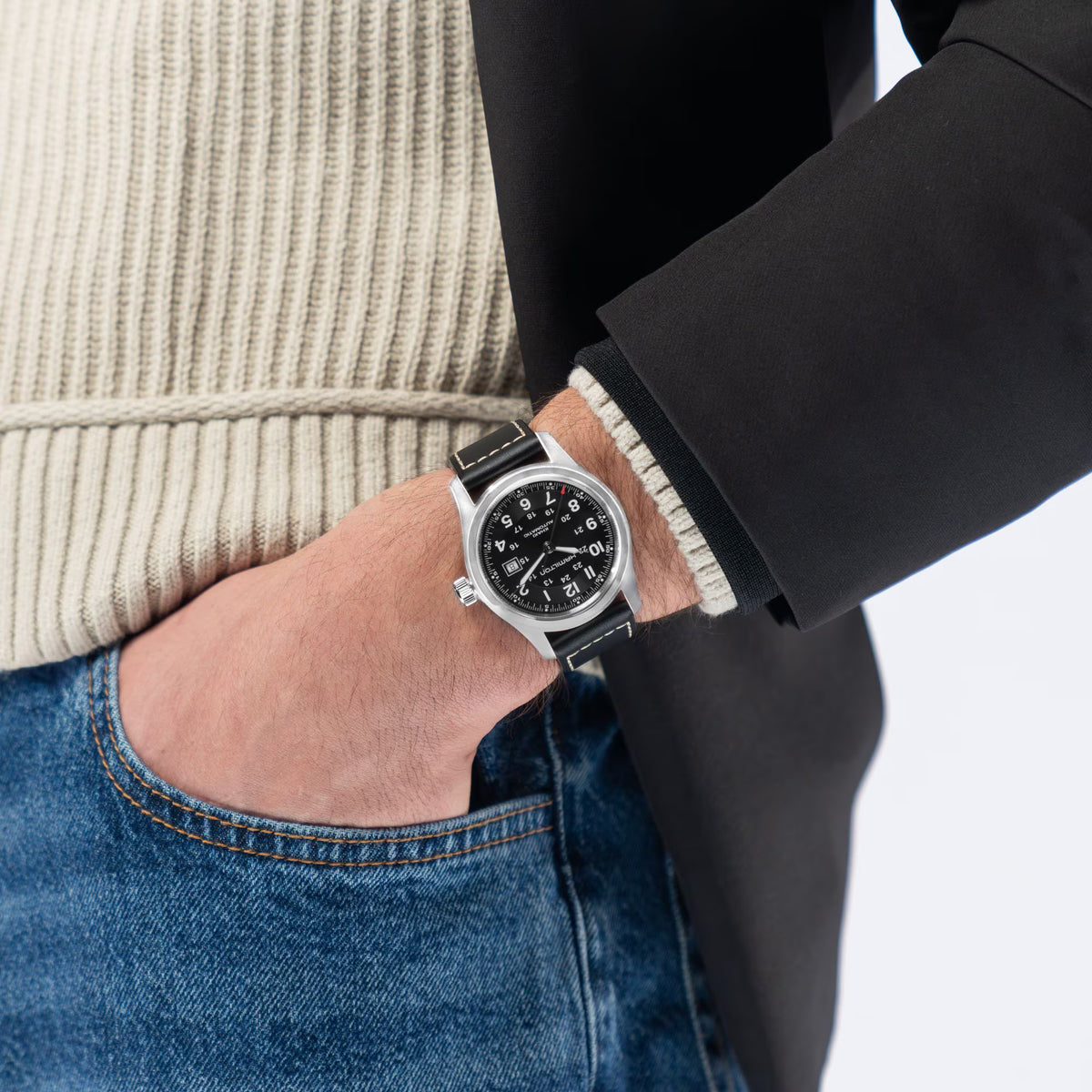 Hamilton Khaki Field 42mm Black Dial Leather watch worn on wrist H70605733