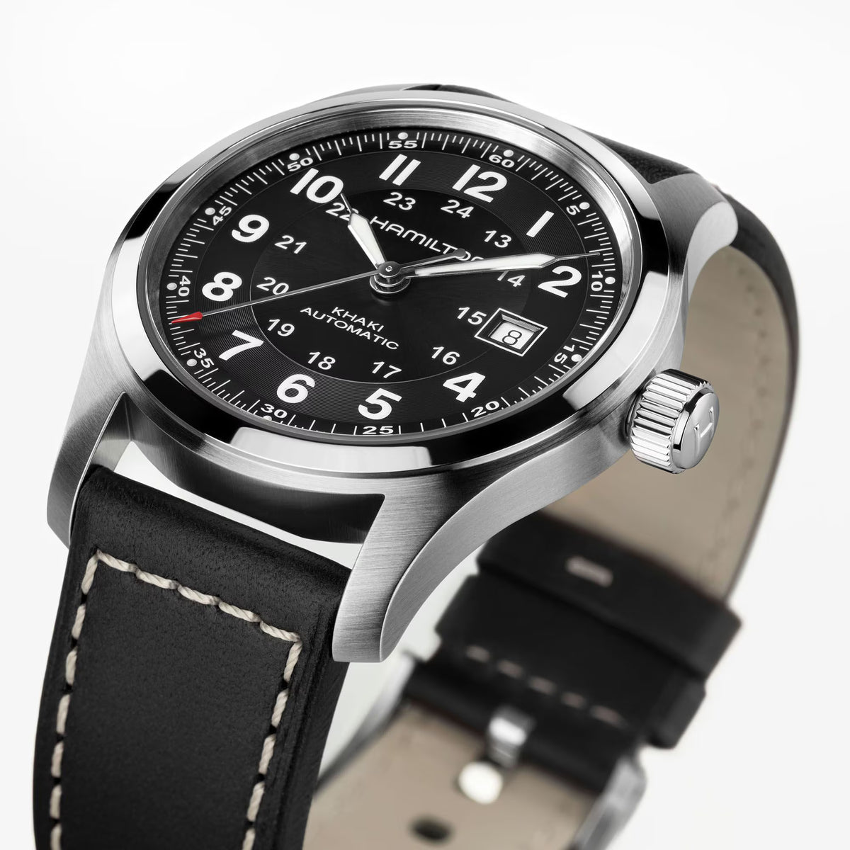 Hamilton Khaki Field H70605733 black leather strap and pin buckle detail