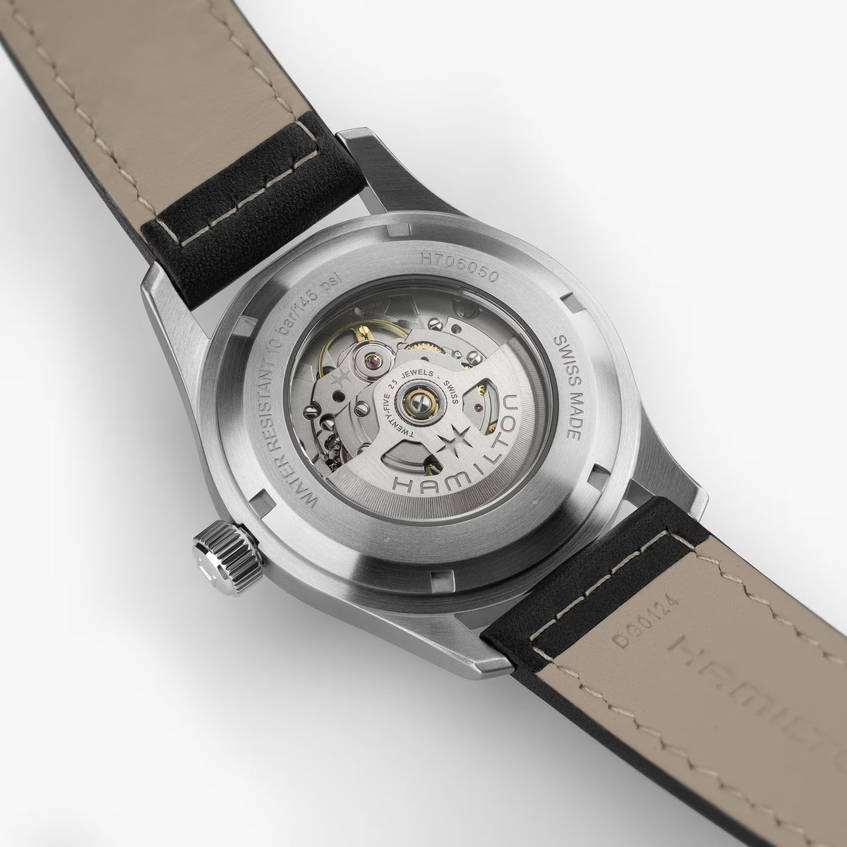 Hamilton Khaki Field H70605733 see-through caseback revealing H-10 movement
