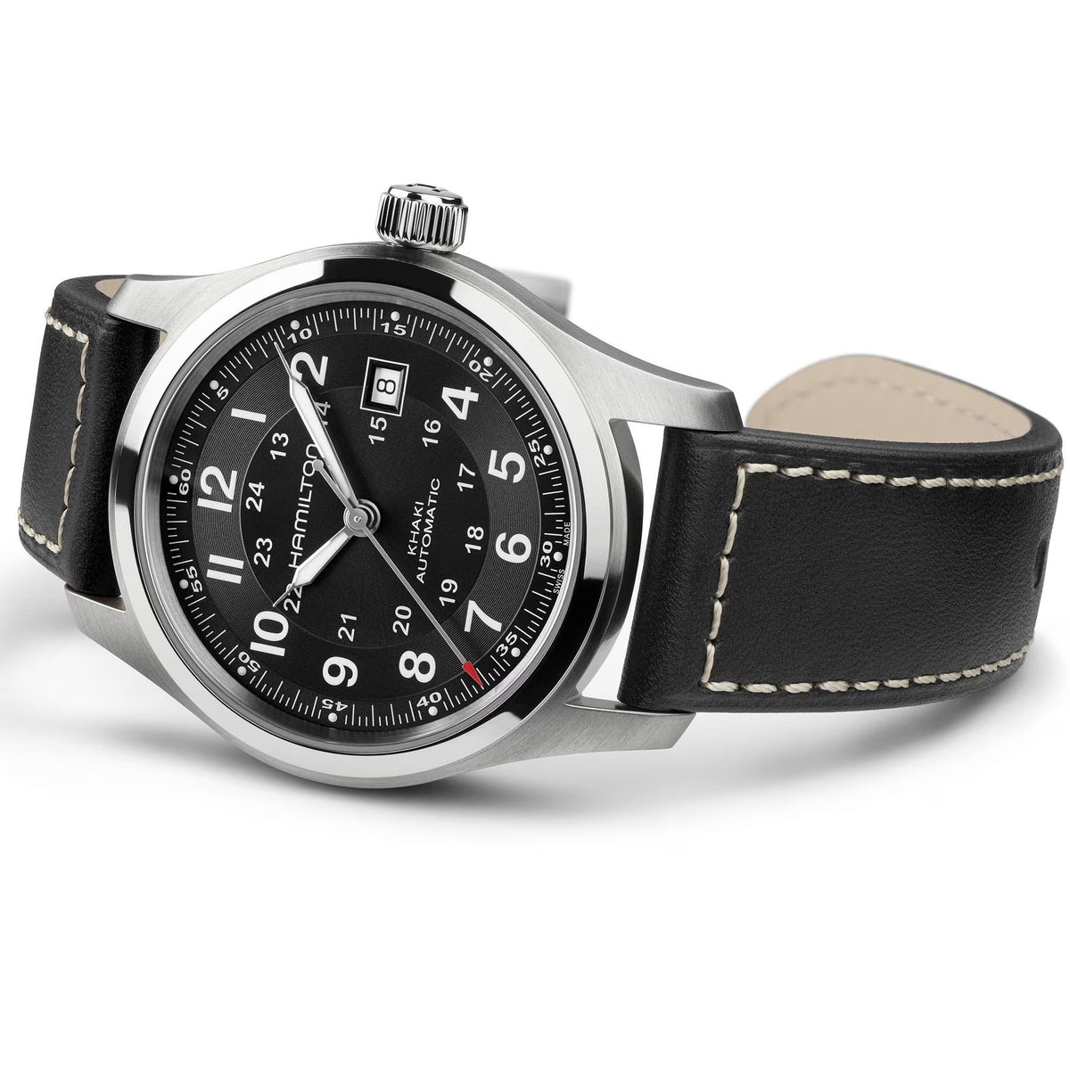 Hamilton Khaki Field H70605733 black dial with Arabic numerals and 24-hour scale close-up