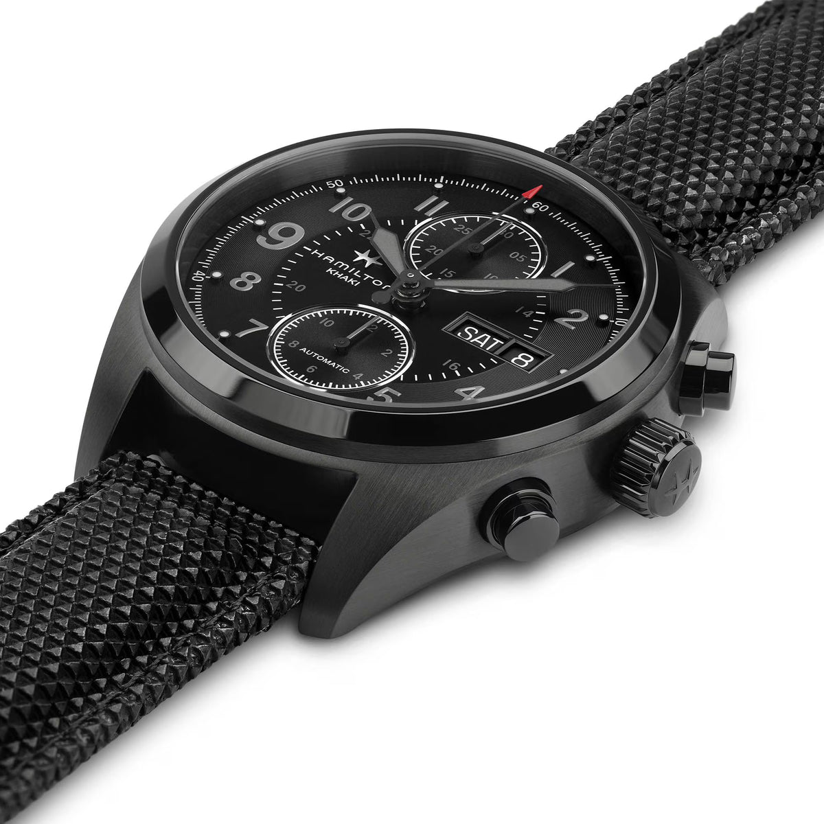 Hamilton Khaki Field H71626735 showing the profile of the black case, pushers, and textured strap