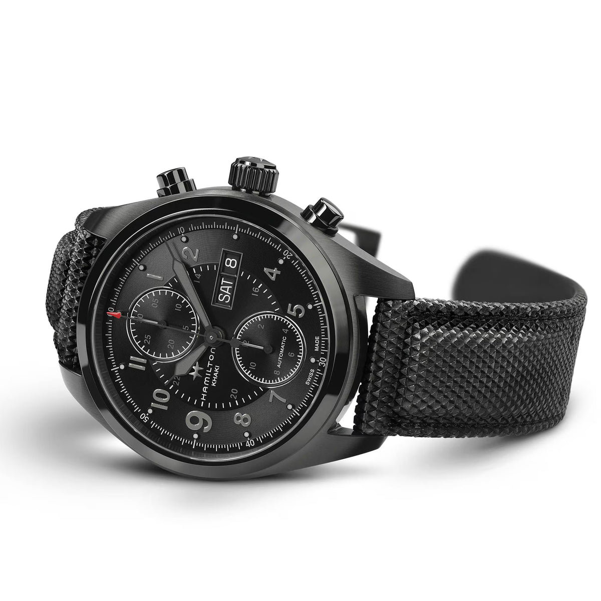 Hamilton Khaki Field H71626735 full view highlighting the black PVD-coated case and textured black synthetic strap