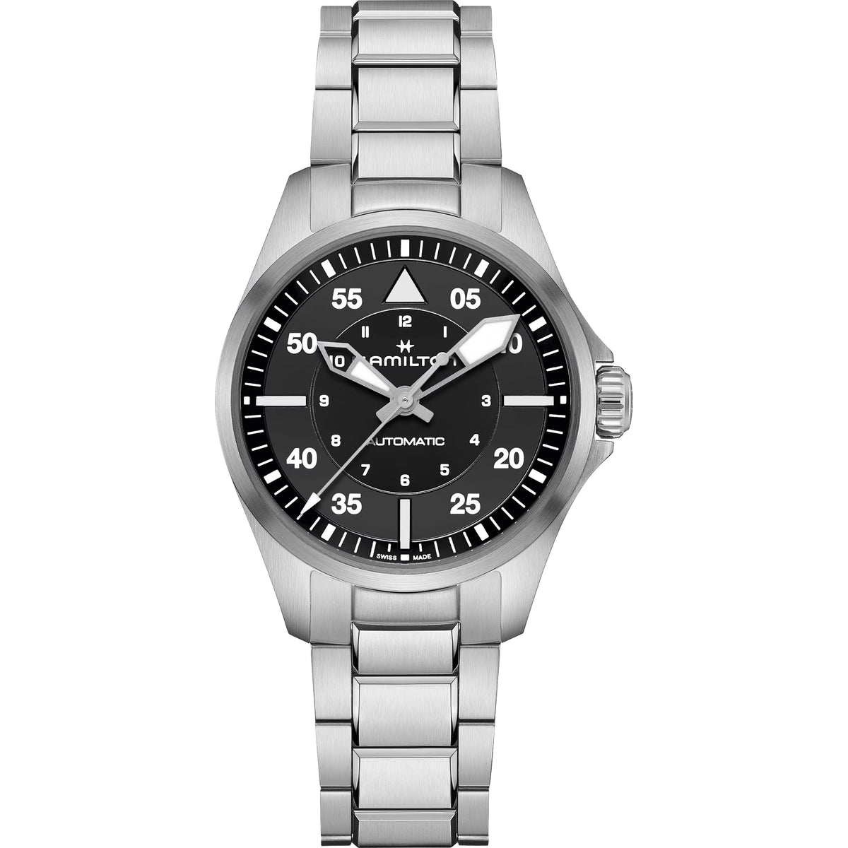 Hamilton Khaki Aviation Pilot automatic black dial steel strap unisex watch H76215130 front view