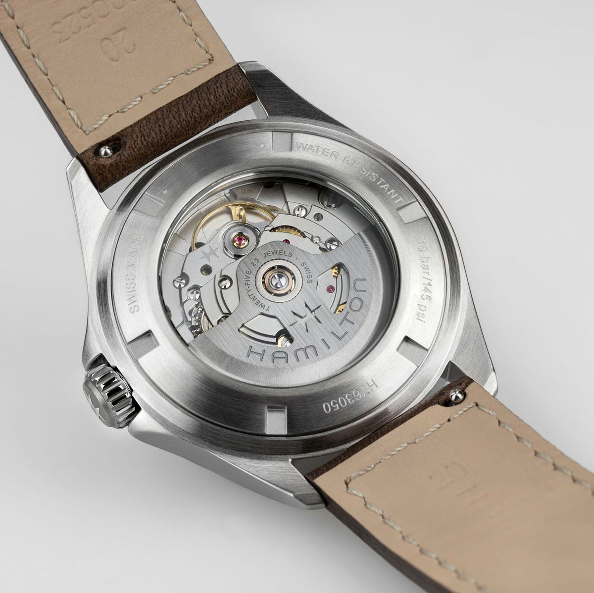 Hamilton Khaki Aviation H76305560 transparent case back revealing H-10 movement