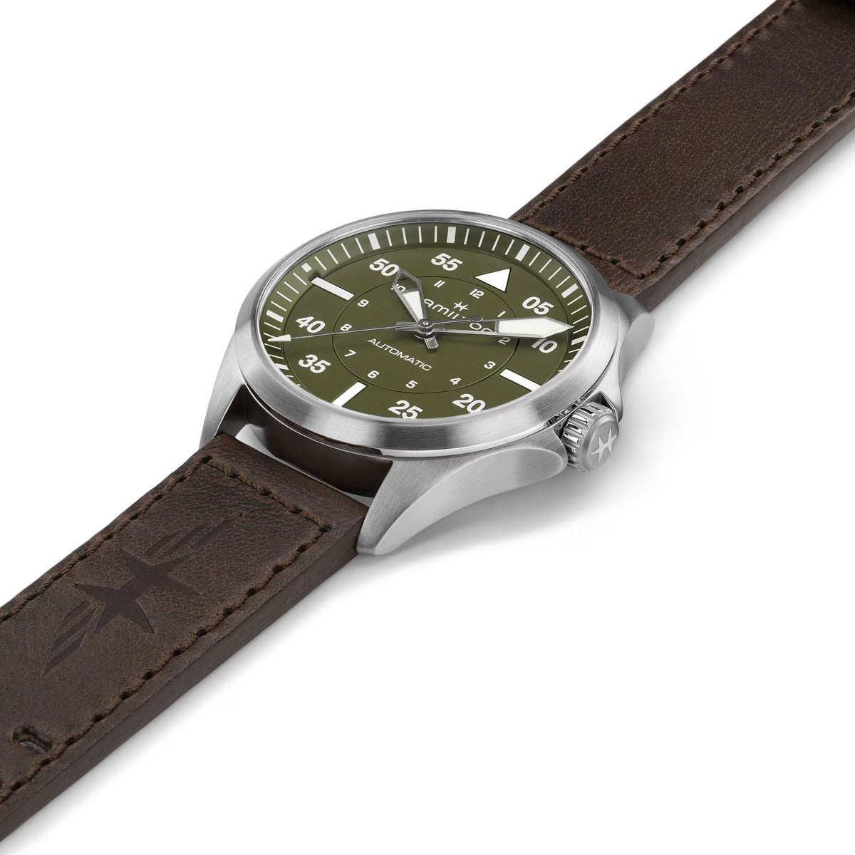 Hamilton Khaki Aviation stainless steel case and brown leather strap on white background side view