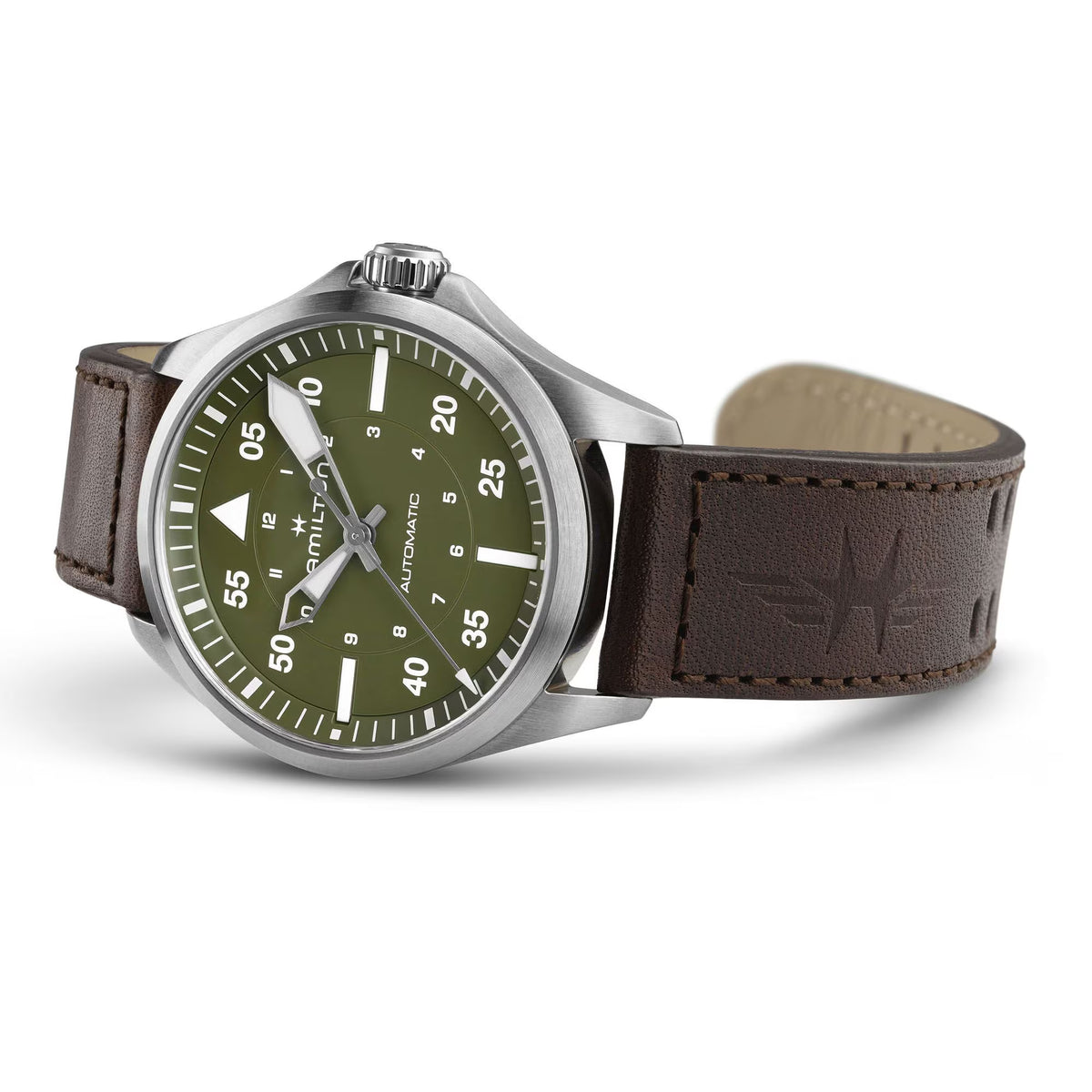 Hamilton Khaki Aviation 39mm polished stainless steel case and brown leather strap on white background