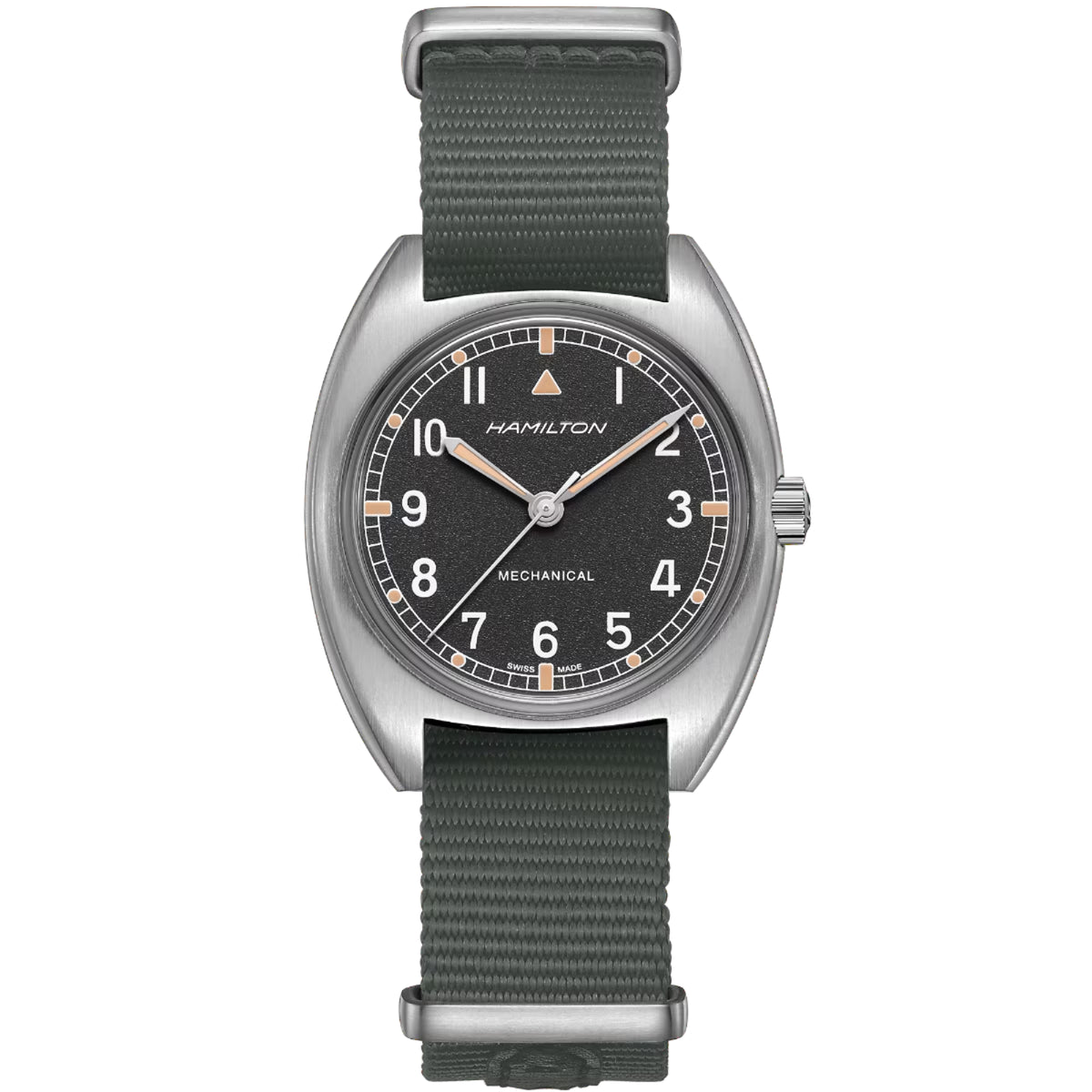 Hamilton pilot mechanical watch with black dial and dark green NATO strap