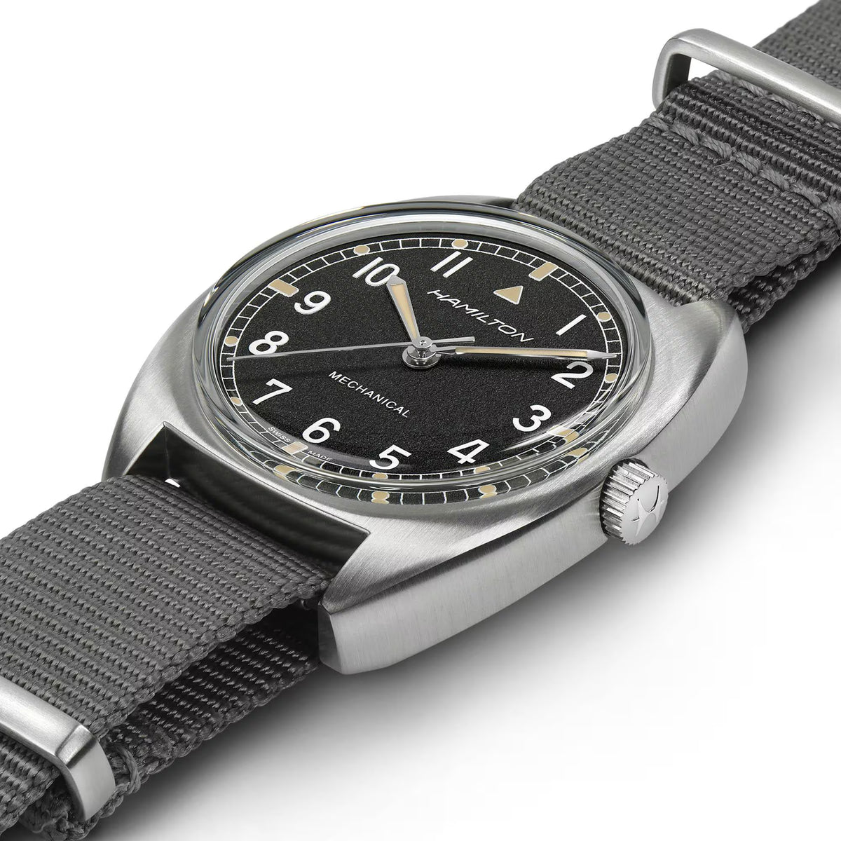 Hamilton mechanical pilot watch on dark gray NATO strap, side view