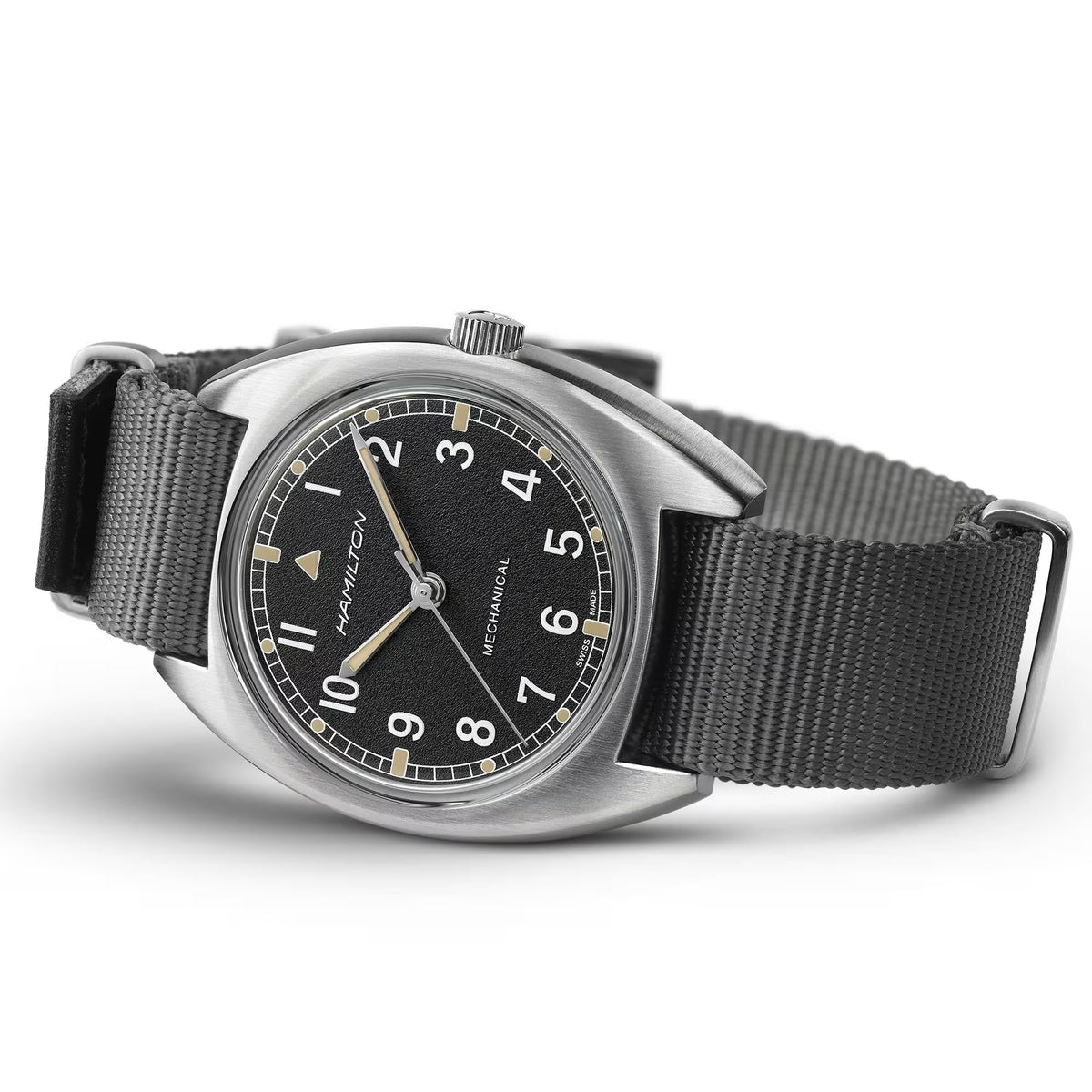 Hamilton mechanical pilot watch with black dial and dark gray woven NATO strap