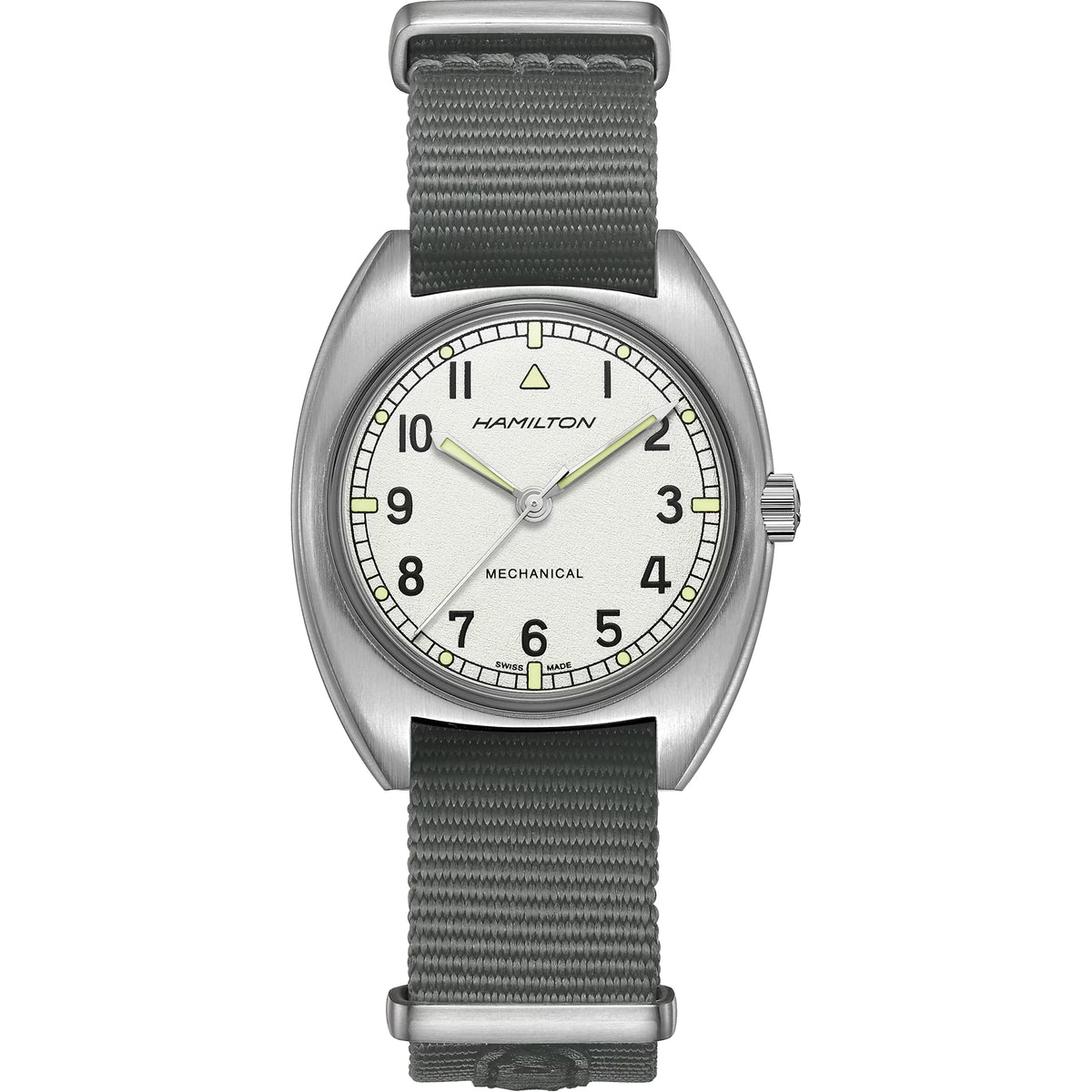 Hamilton Khaki Aviation 36mm Pilot Pioneer silver dial grey NATO mechanical watch H76419951 front view