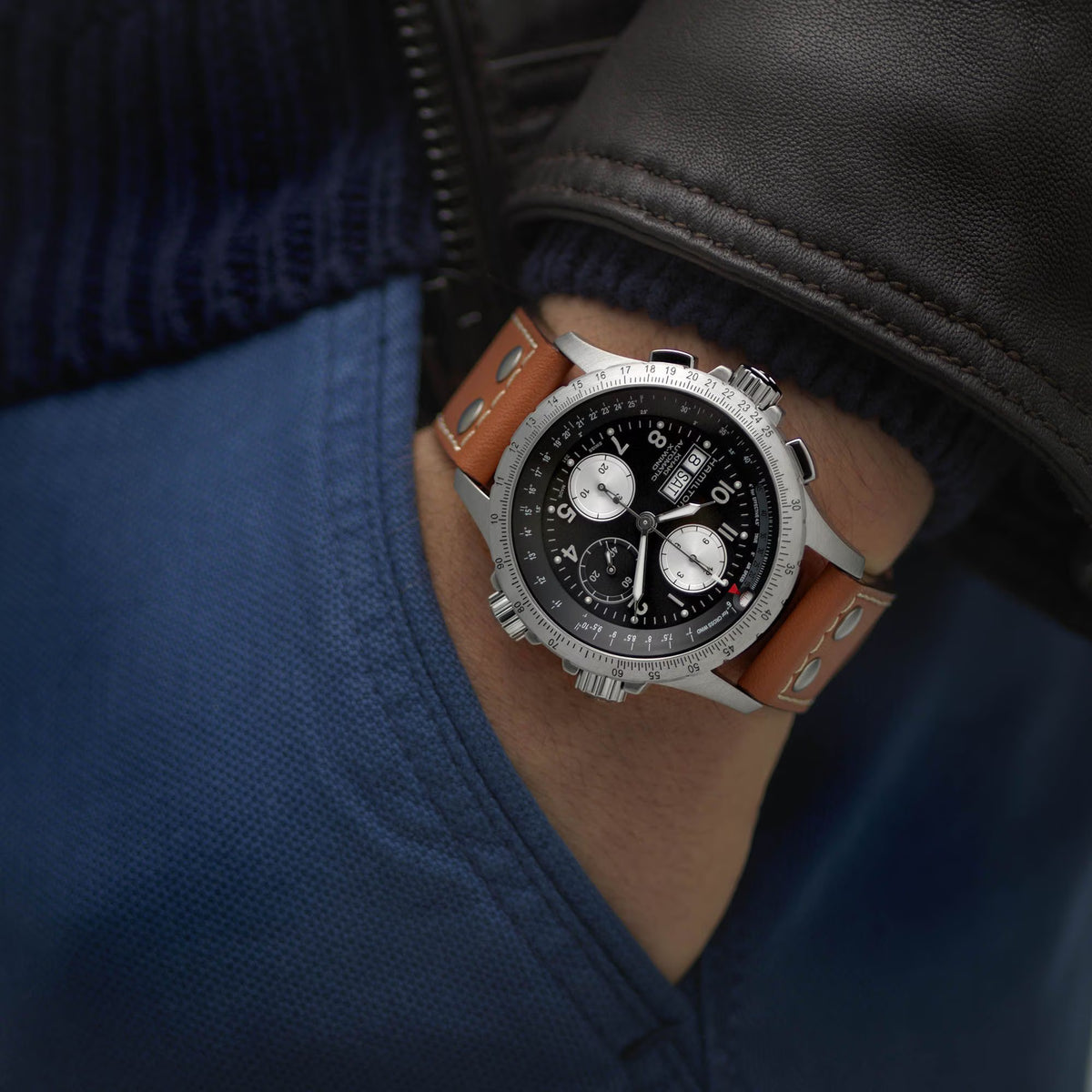 Hamilton Khaki Aviation X-Wind Automatic Chronograph Black Dial Brown Leather Strap Men's Watch H77616533 - WatchNation