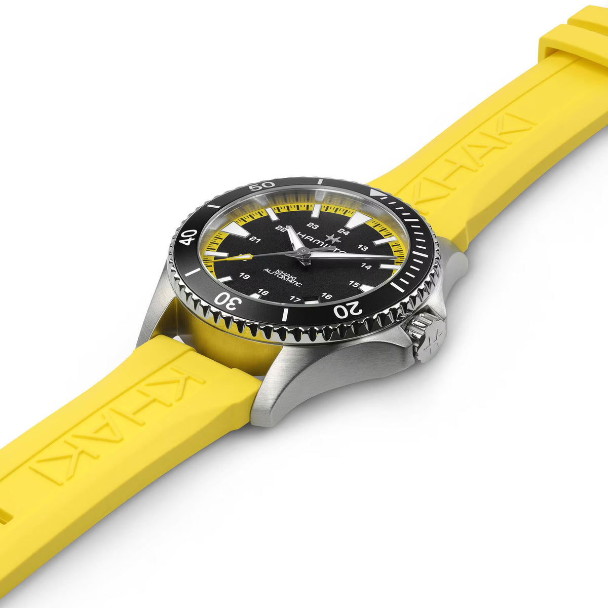 Men's dive watch on yellow rubber strap, black bezel with yellow minute track