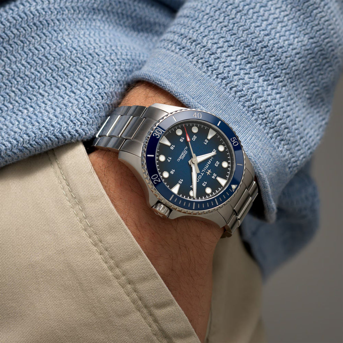 Hamilton Khaki Navy Scuba H82505140 300m automatic dive watch on wrist