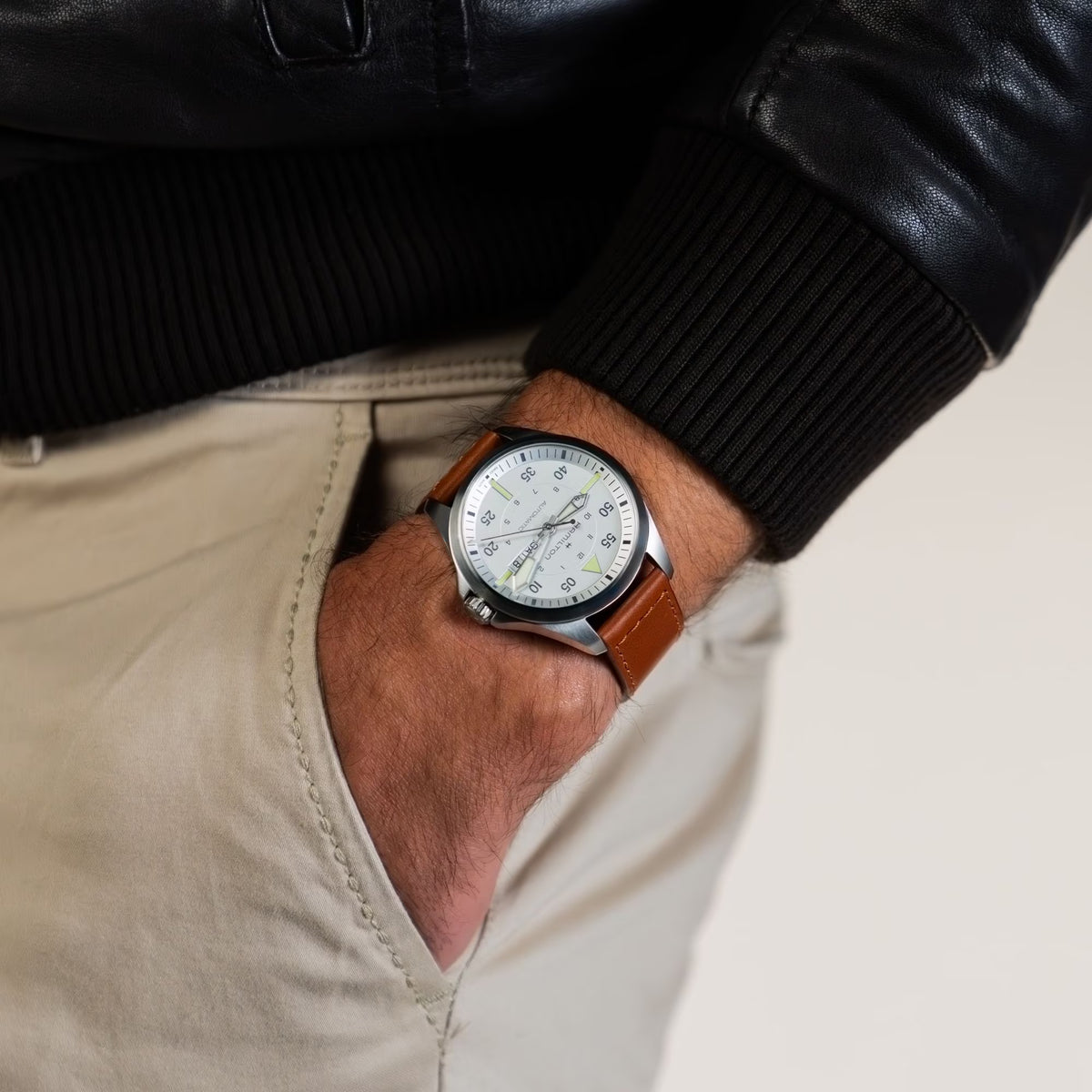 Hamilton Khaki Aviation Pilot Day Date H64635550 silver dial watch  on wrist
