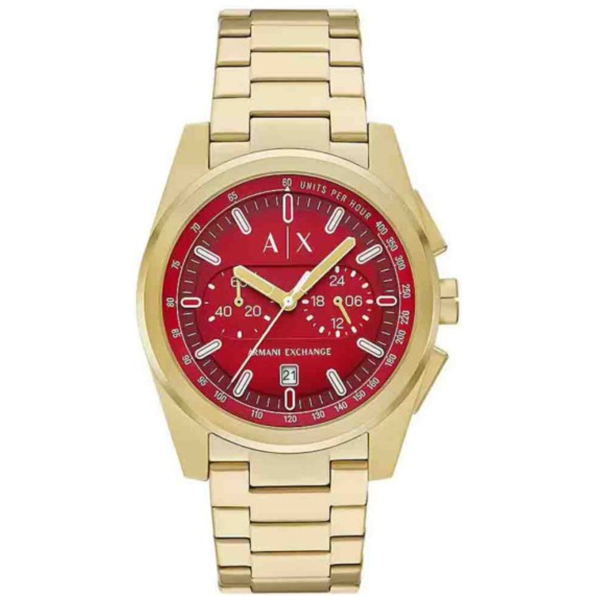 Armani Exchange chronograph watch with red dial and gold-tone steel link bracelet