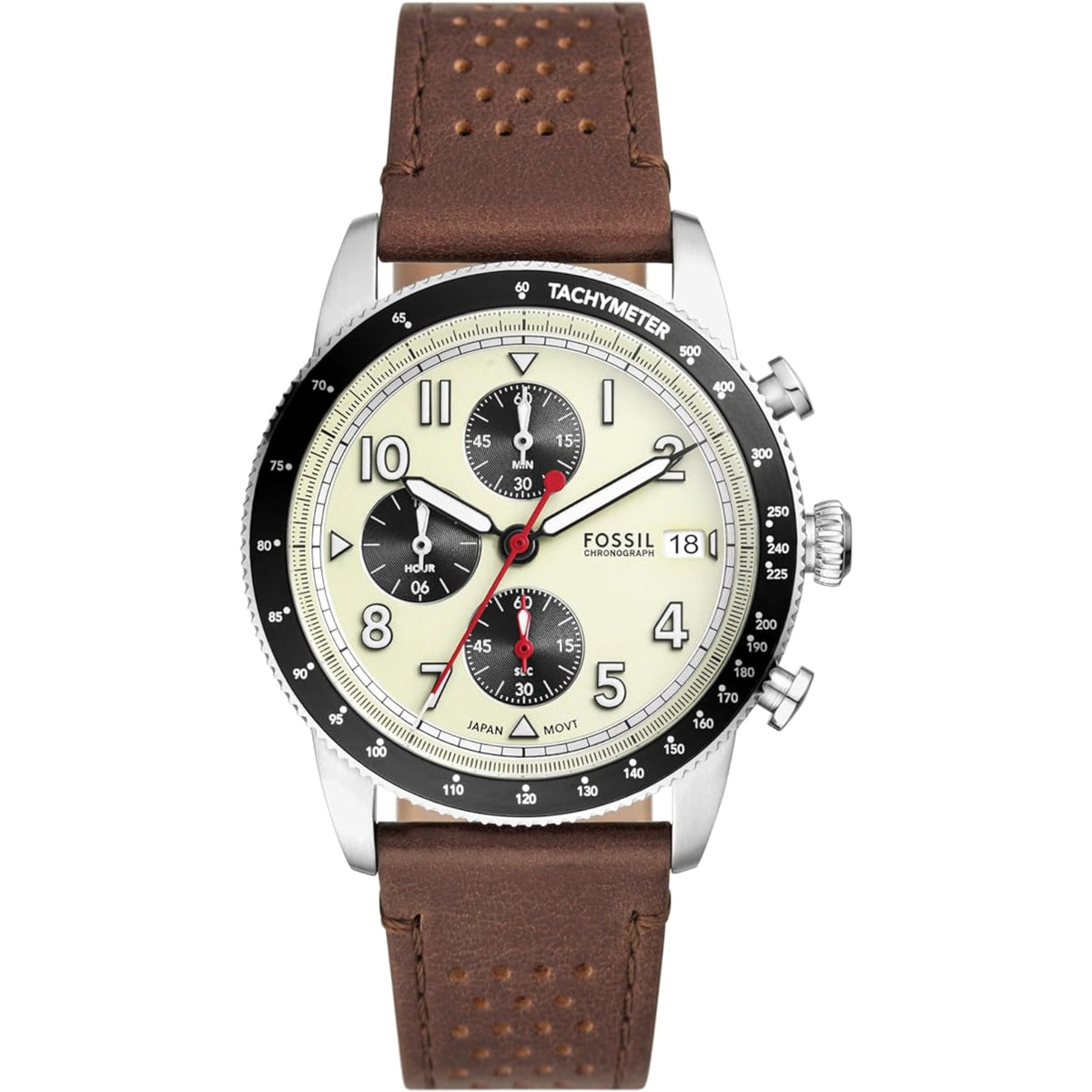 Men's chronograph watch with cream dial, tachymeter bezel, and brown leather strap