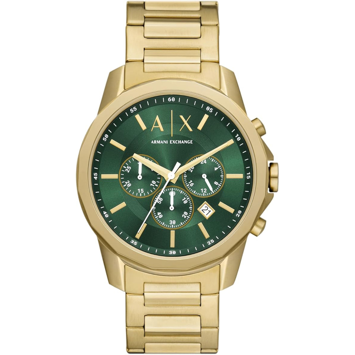 Gold-tone steel chronograph watch with green dial, three subdials and date window