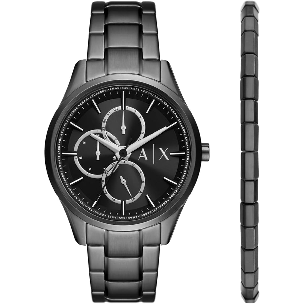 Black dial chronograph watch with steel bracelet, crown detail and linked strap