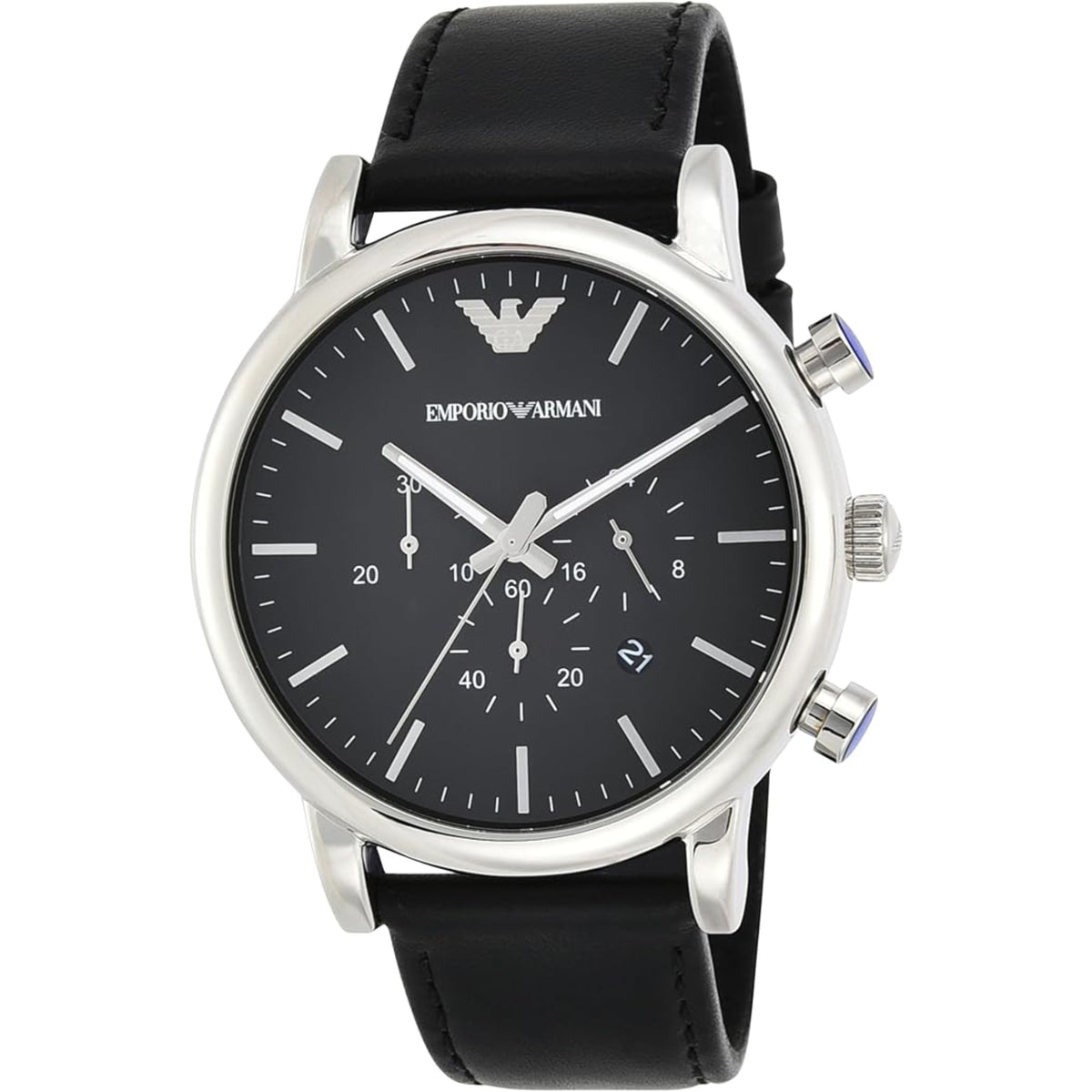 Emporio Armani mens chronograph watch, black dial, black leather strap