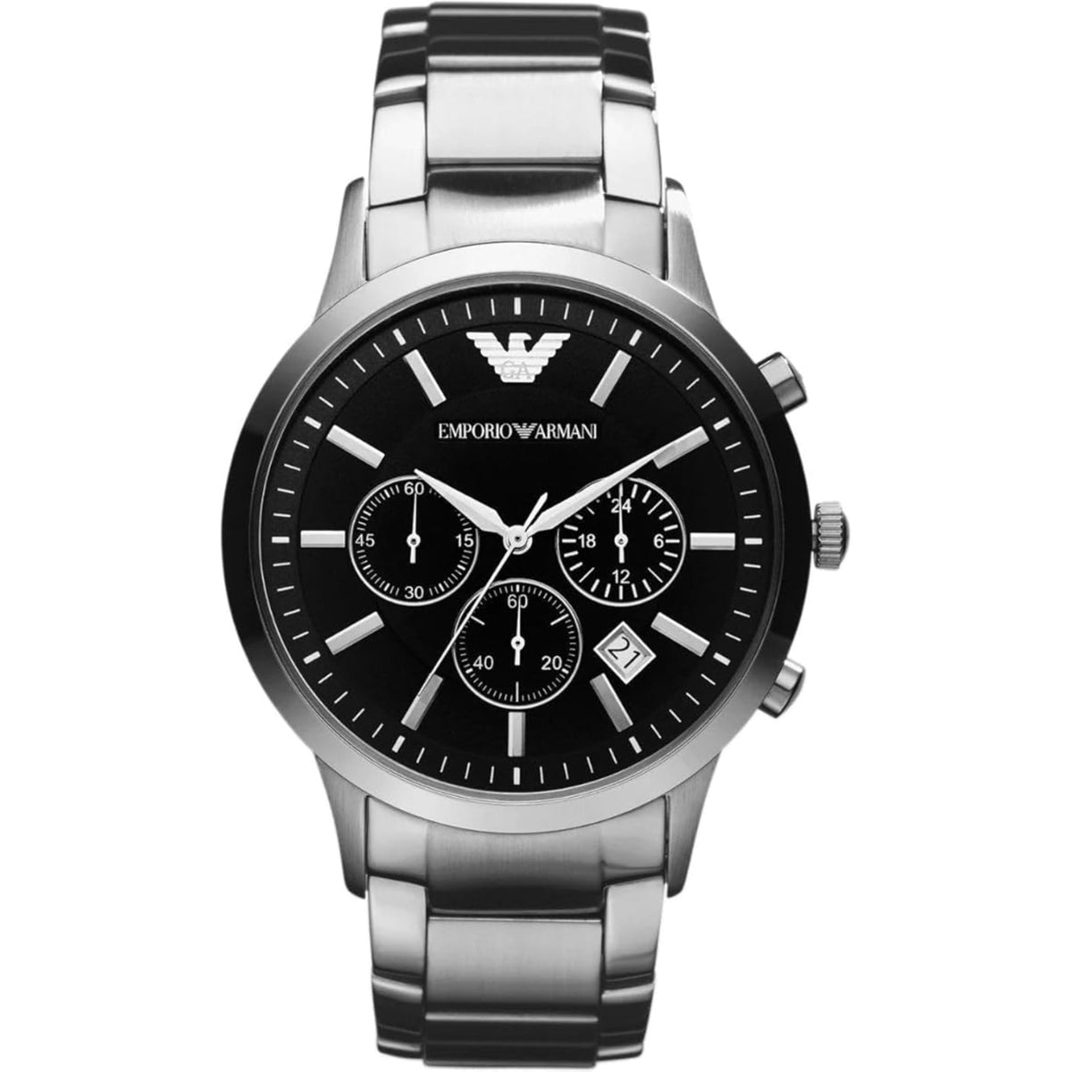 Emporio Armani Renato AR2434 front view displaying black dial with sub-dials, date aperture, and steel bracelet