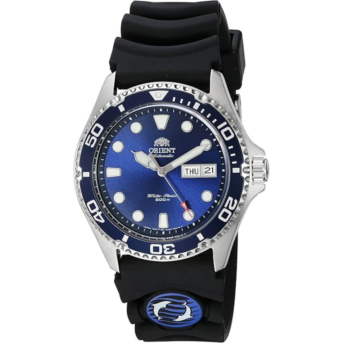 Automatic dive watch with blue dial, black silicone strap, stainless case