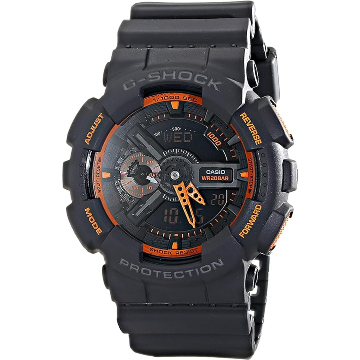 Casio G-Shock GA-110TS men's black resin watch with orange accents and chronograph dial
