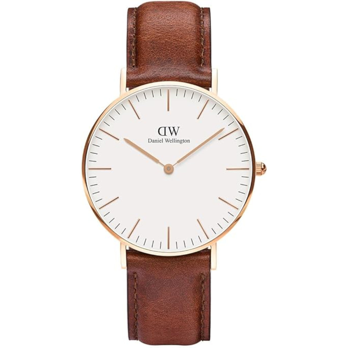 Rose gold round case white dial leather strap men’s quartz wrist watch