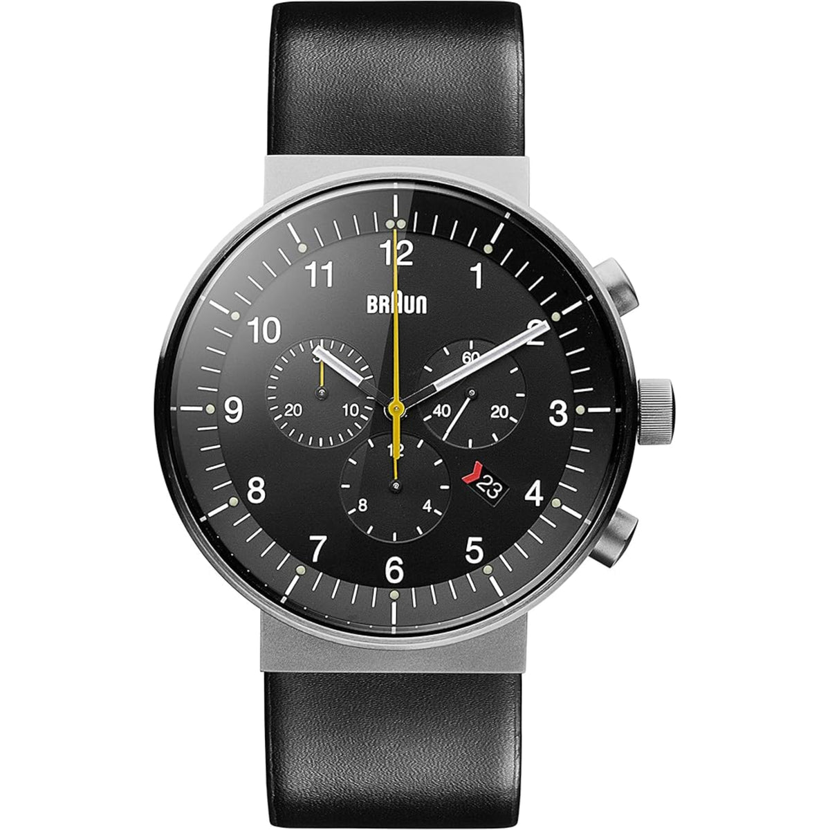 Braun men’s quartz watch with black dial, yellow accents, and black leather strap