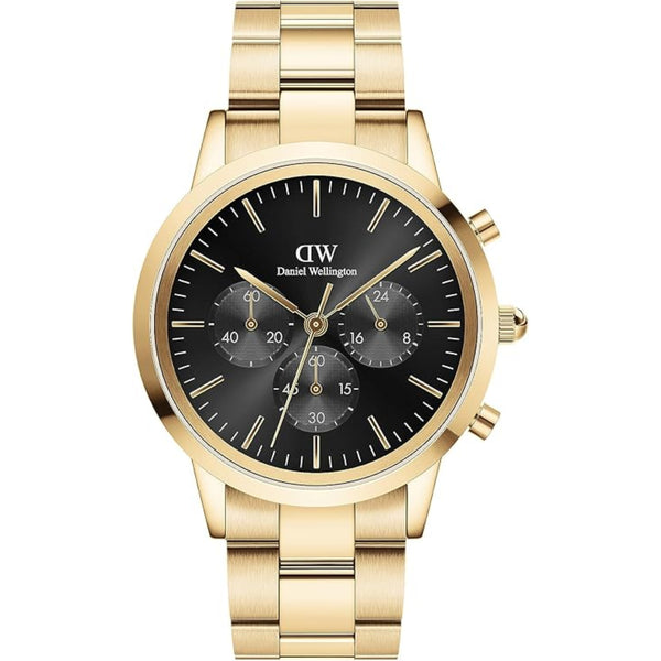 Daniel Wellington chronograph watch with black dial, gold-tone steel bracelet, 42mm
