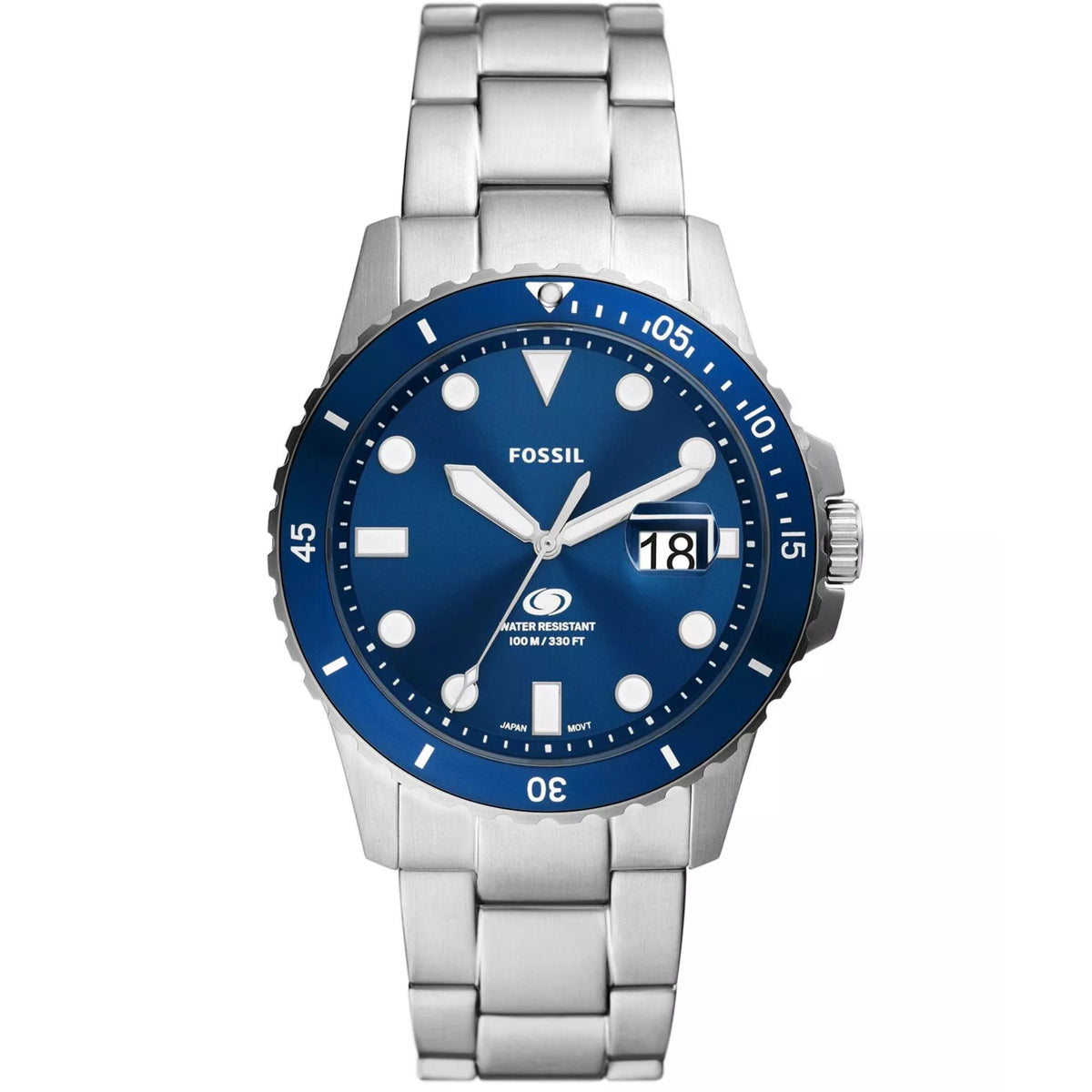 Fossil Blue Dive FS6029 mens quartz watch featuring a sunray blue dial, rotating dive bezel, date display window, and stainless steel bracelet