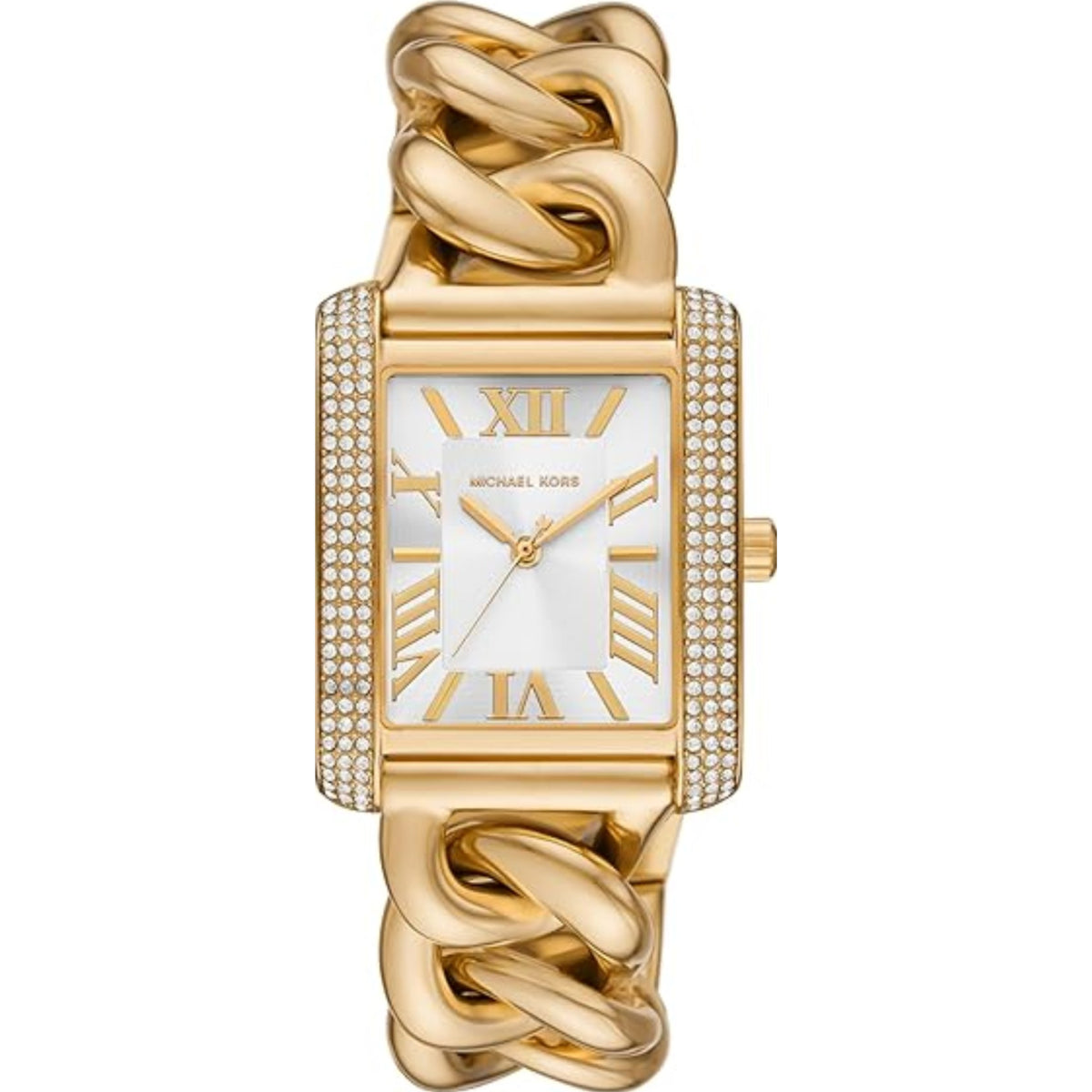Women's gold-tone watch with white dial, Roman numerals, and crystal bezel