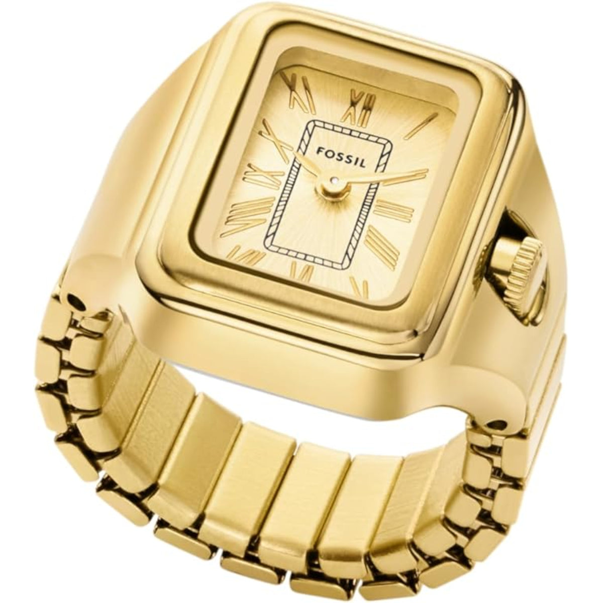 Angled front view of the Fossil Watch Ring ES5343 showing the gold dial, rectangular case, and flexible expansion band