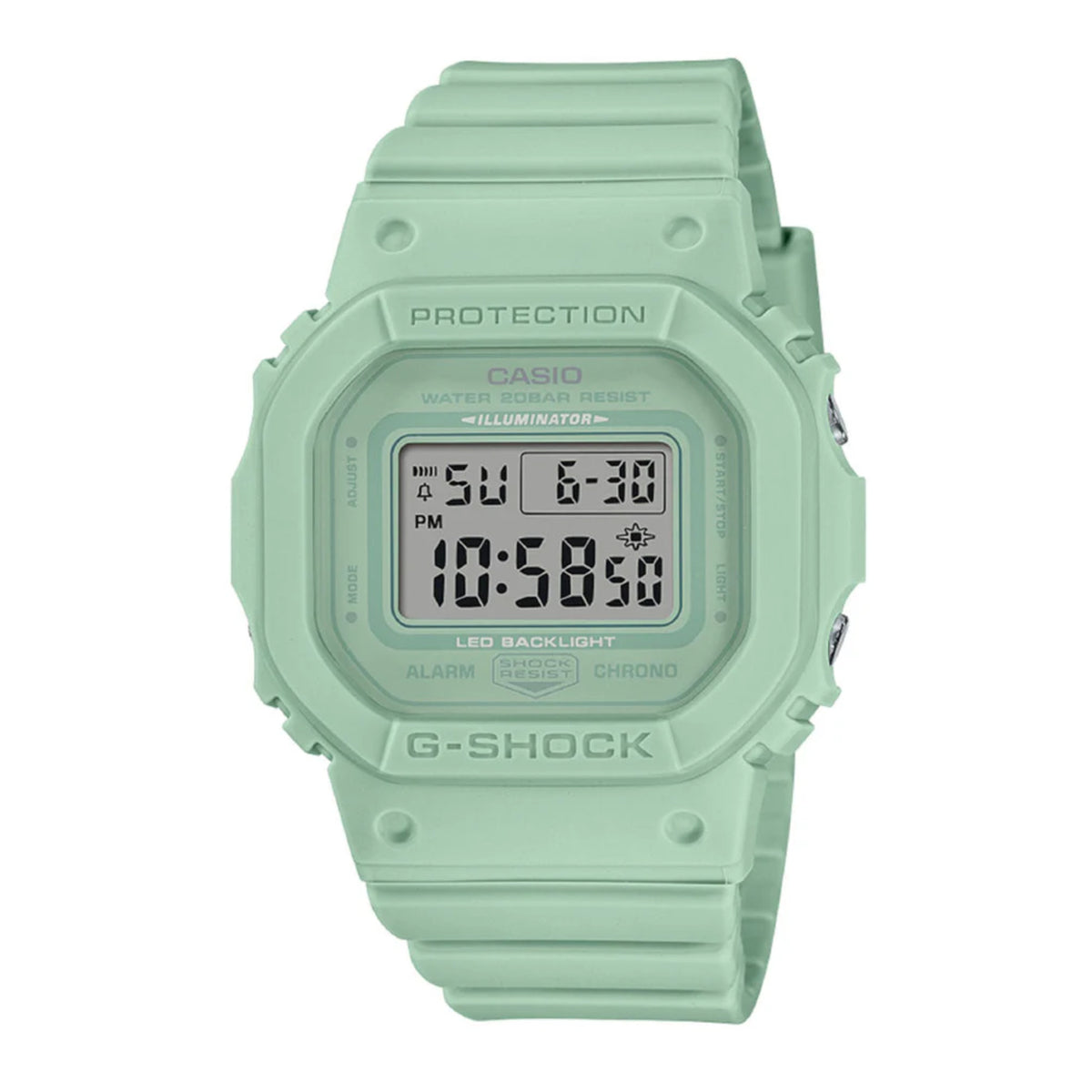 Green G-Shock digital quartz watch with green resin strap and LCD screen