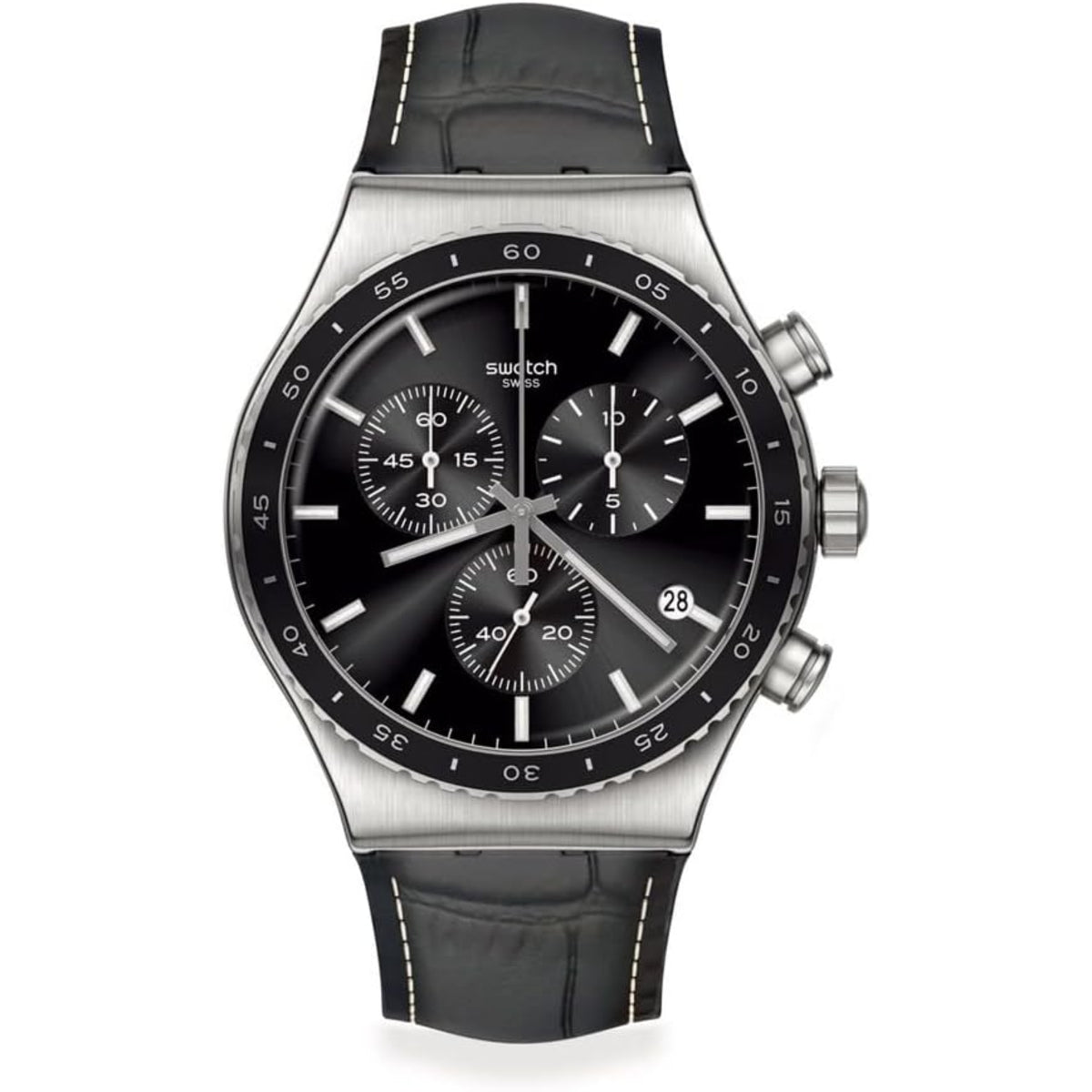 Swatch men’s chronograph watch with black dial, black leather strap, and silver case