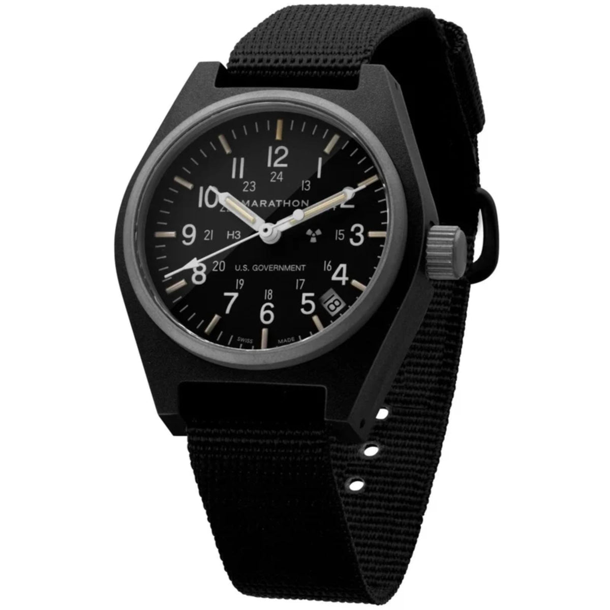 Men's black quartz watch with black dial, date window, and black fabric strap