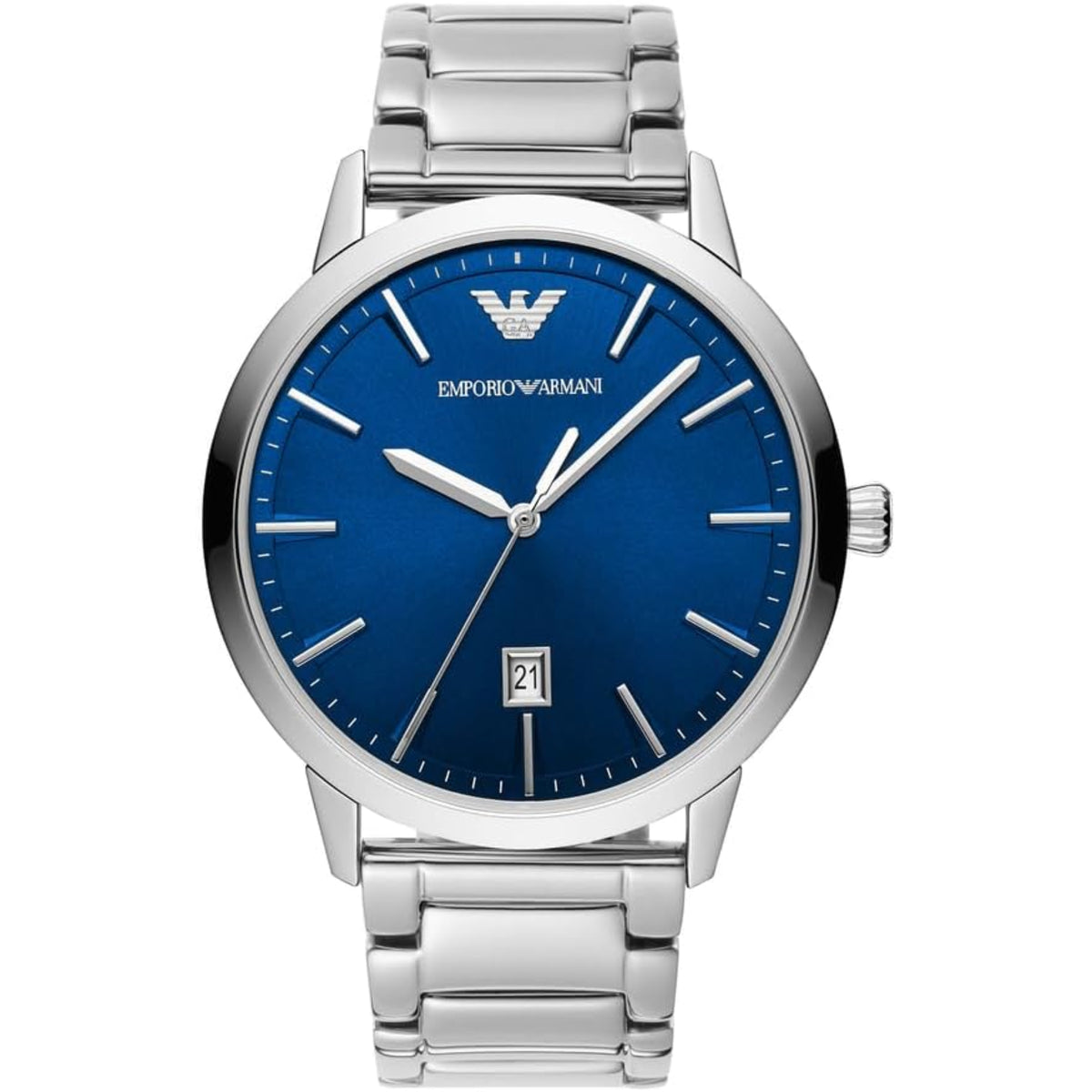 Emporio Armani Ruggero AR11311 mens quartz watch featuring a blue dial, round stainless steel case, and silver-tone link bracelet