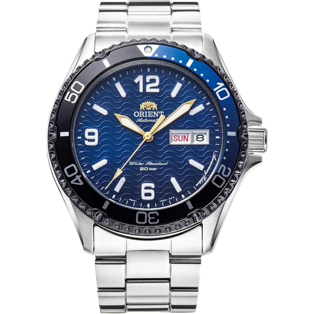 Men's steel automatic watch with blue textured dial, rotating bezel, and day/date window