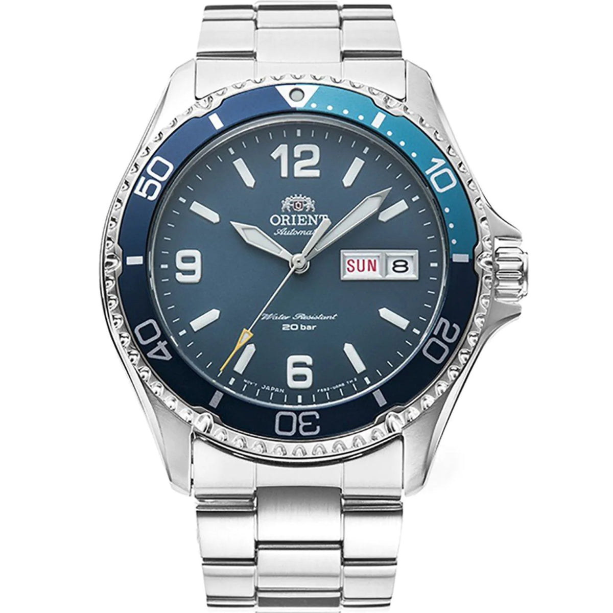 Men's steel automatic watch with blue dial, bezel markers, and date window at 3