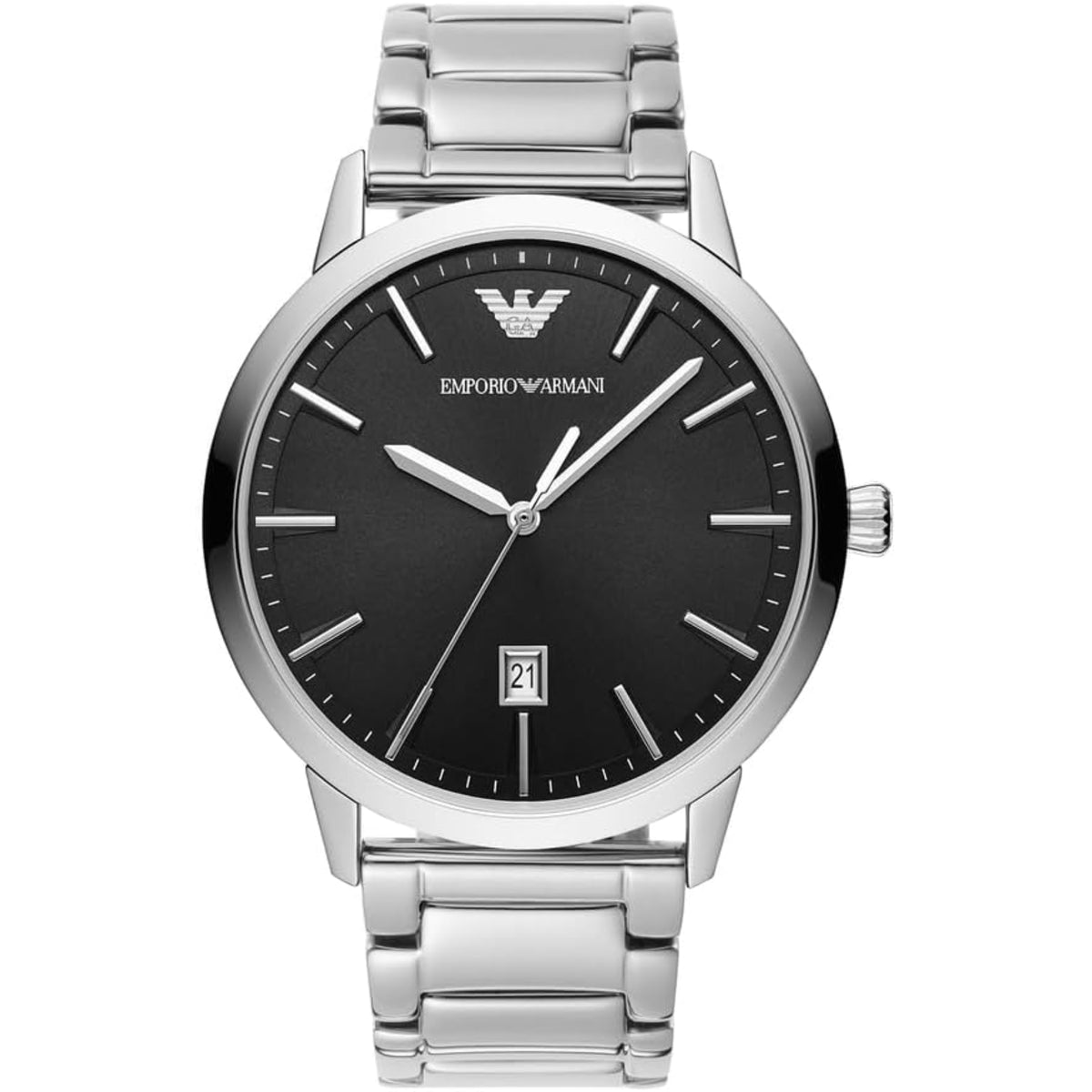 Emporio Armani Ruggero AR11310 mens quartz watch featuring a black dial, round steel case, and silver-tone link bracelet