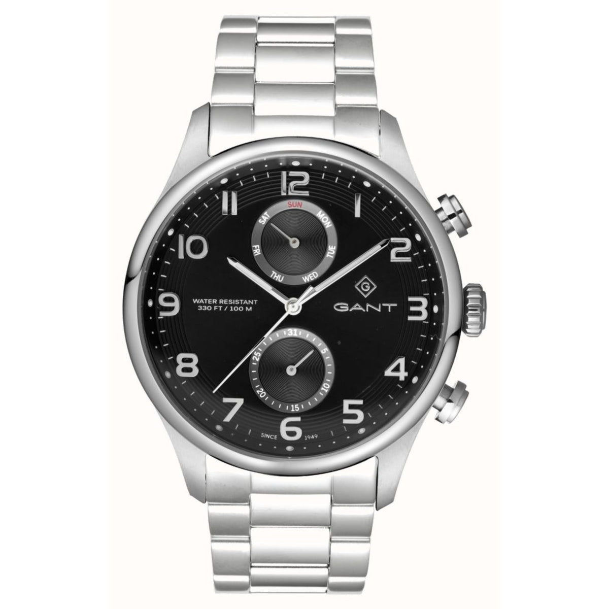 Men's steel bracelet chronograph watch with black dial, three subdials, side pushers