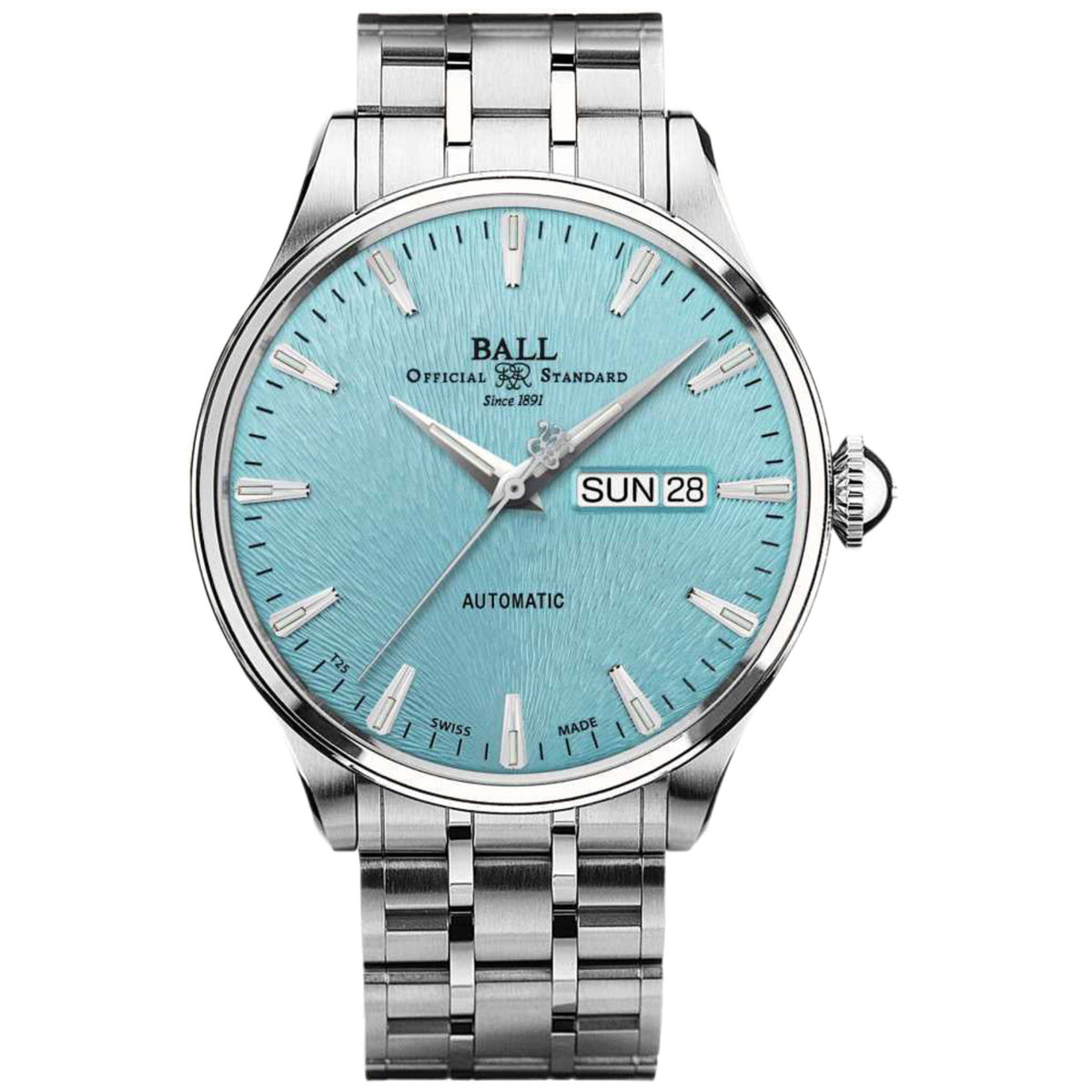 Men's automatic wristwatch with ice blue dial, stainless bracelet, and date window SUN 28