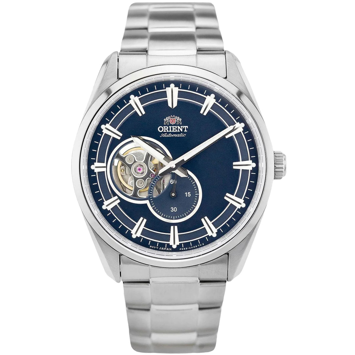 Men's Orient Stretto automatic watch with blue dial and steel bracelet, skeleton movement