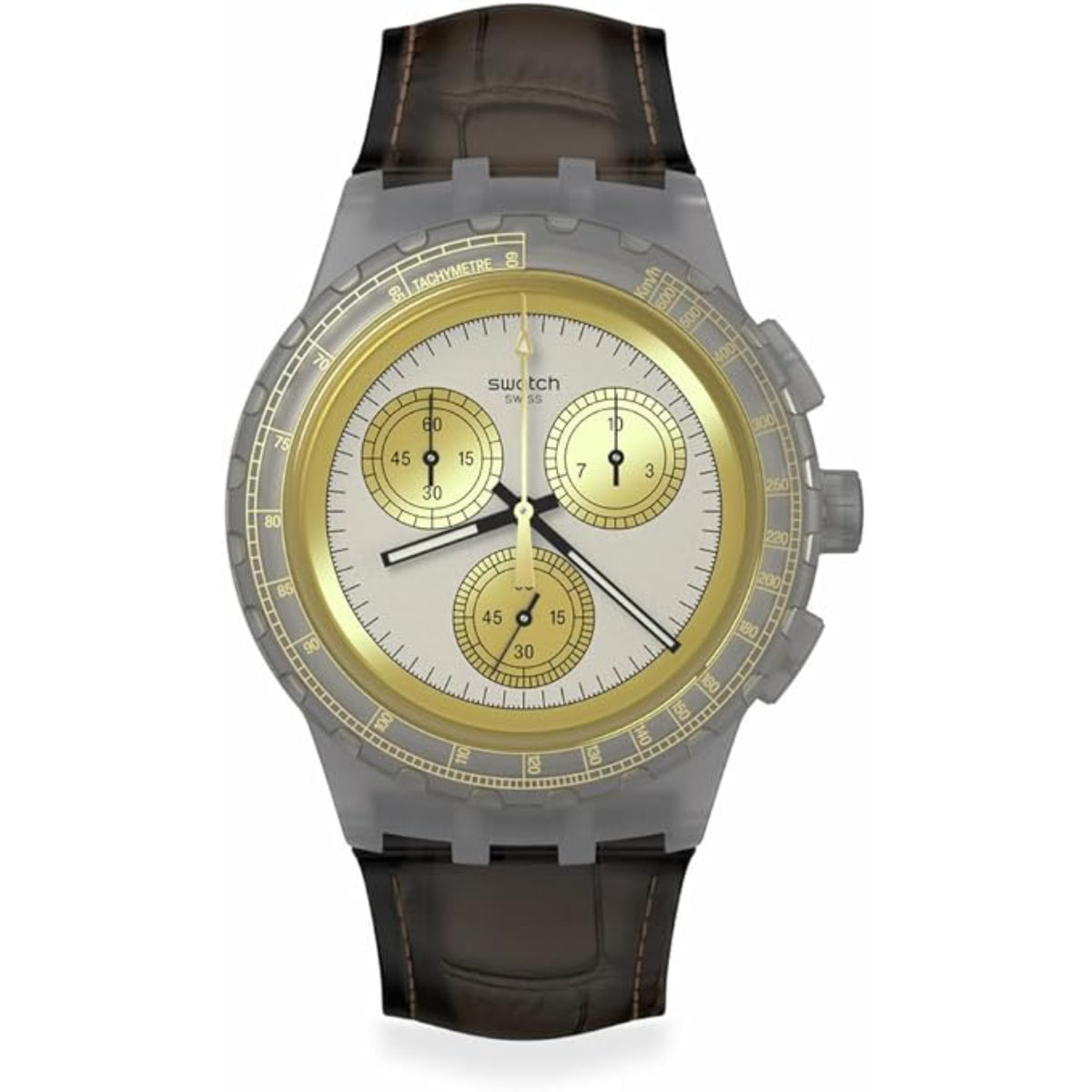 Men's quartz watch with gold dial, three subdials, and brown leather strap