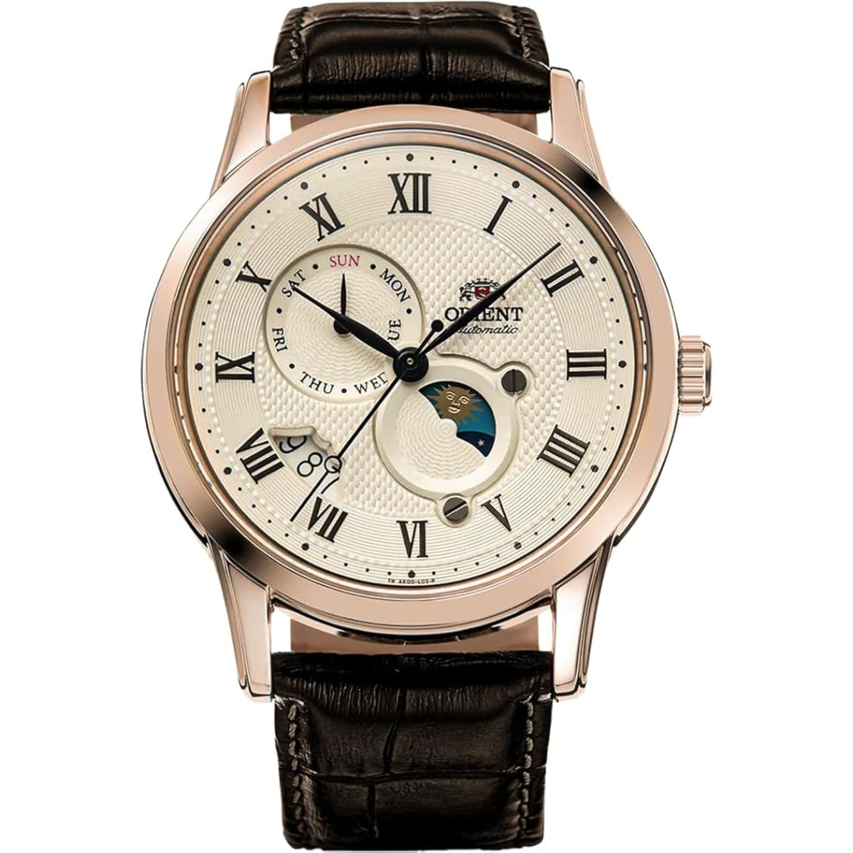 Men’s automatic wristwatch with champagne dial, black leather strap, rose-gold case