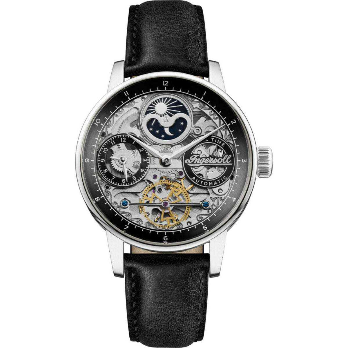 Men's automatic skeleton watch with black dial, gold accents, and black leather strap