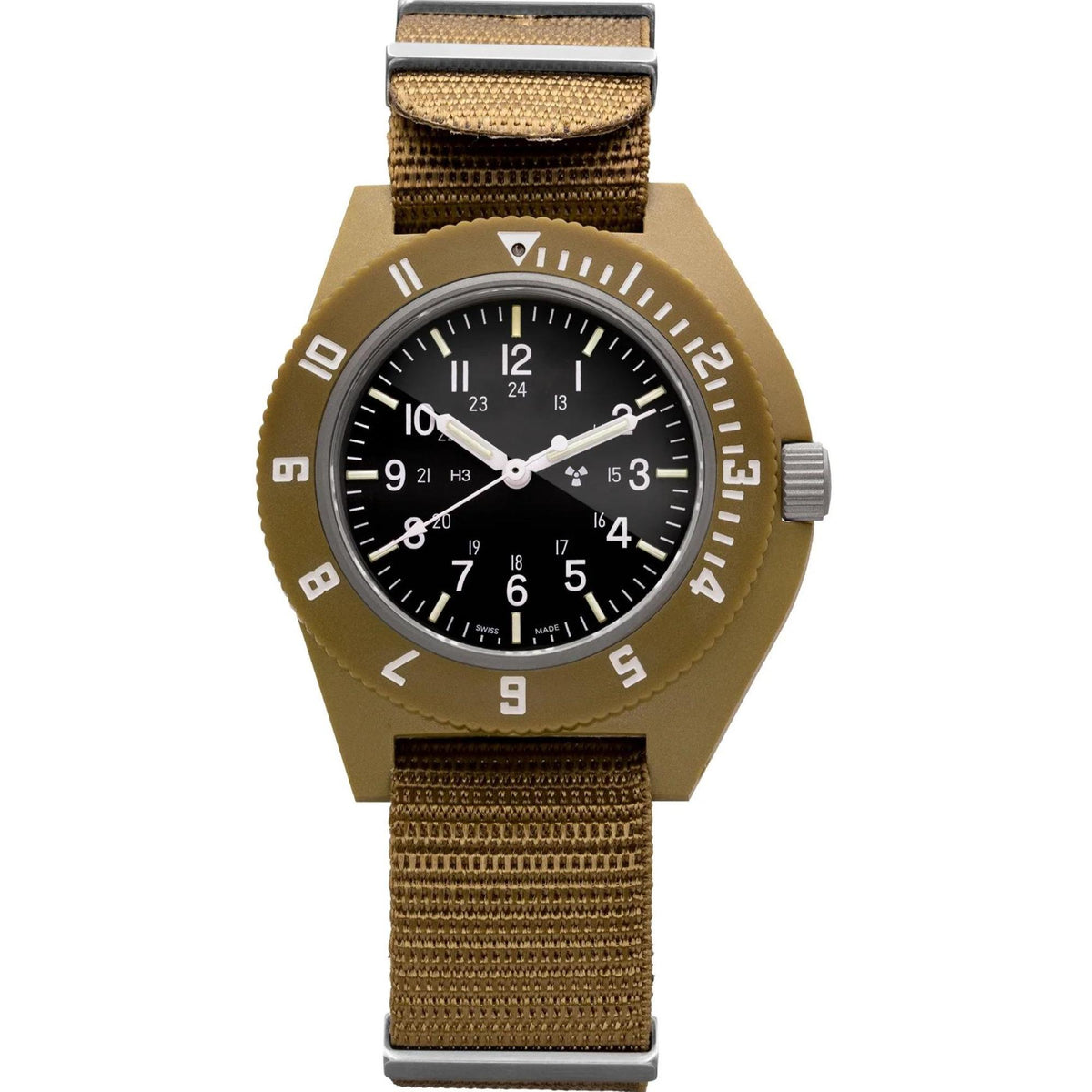 Desert tan men's watch with black dial, numbered bezel, and woven fabric strap