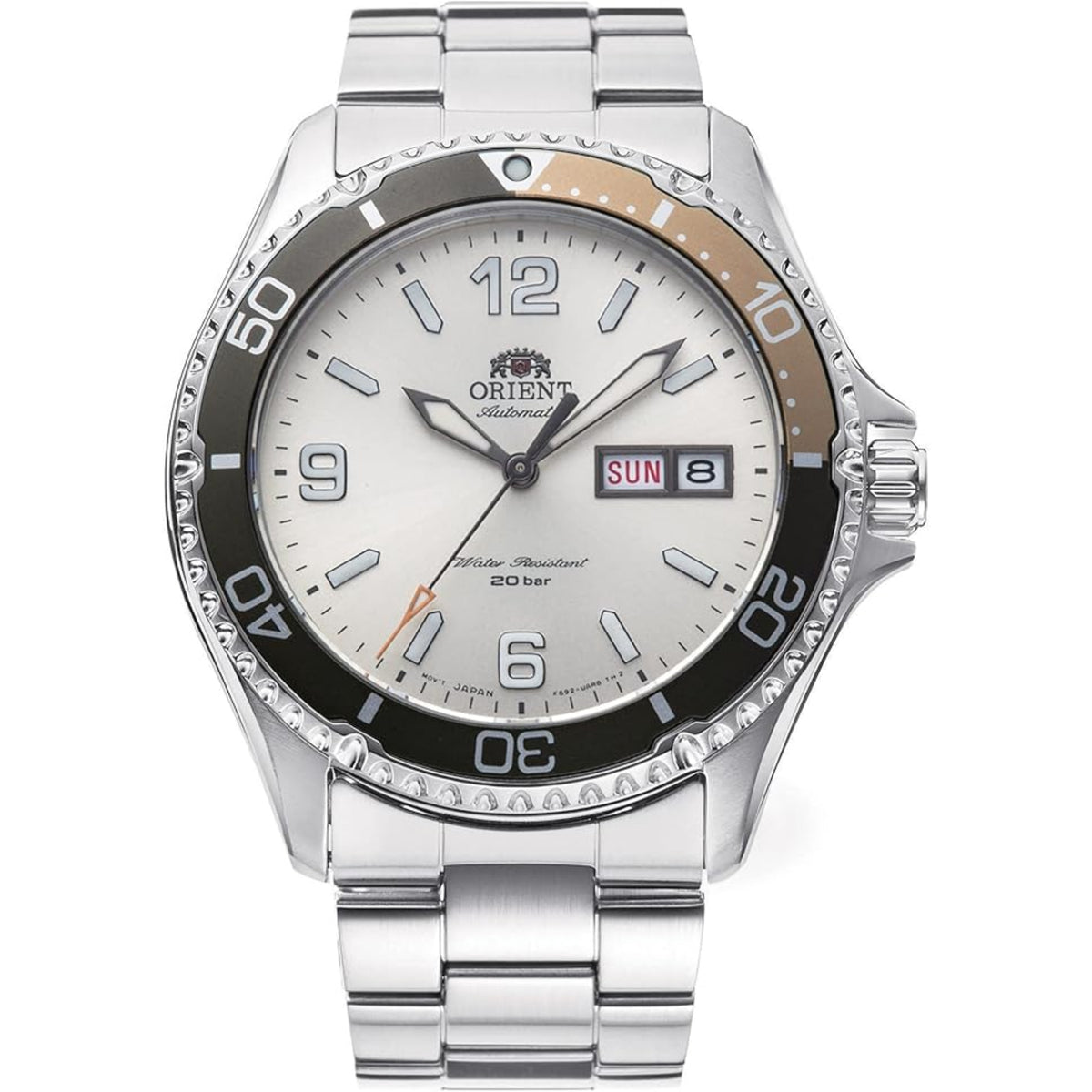 Men's automatic steel watch with ivory dial, black bezel, and day-date window at 8