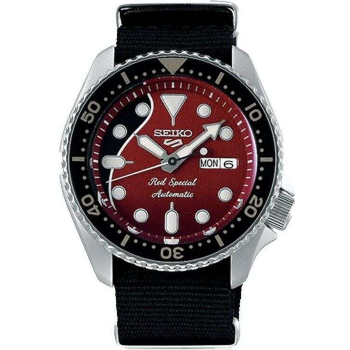 Front view of Seiko 5 Sports Brian May 42.5mm  SRPE83K1 watch, showcasing its red dial, luminous indices, and black nylon strap.