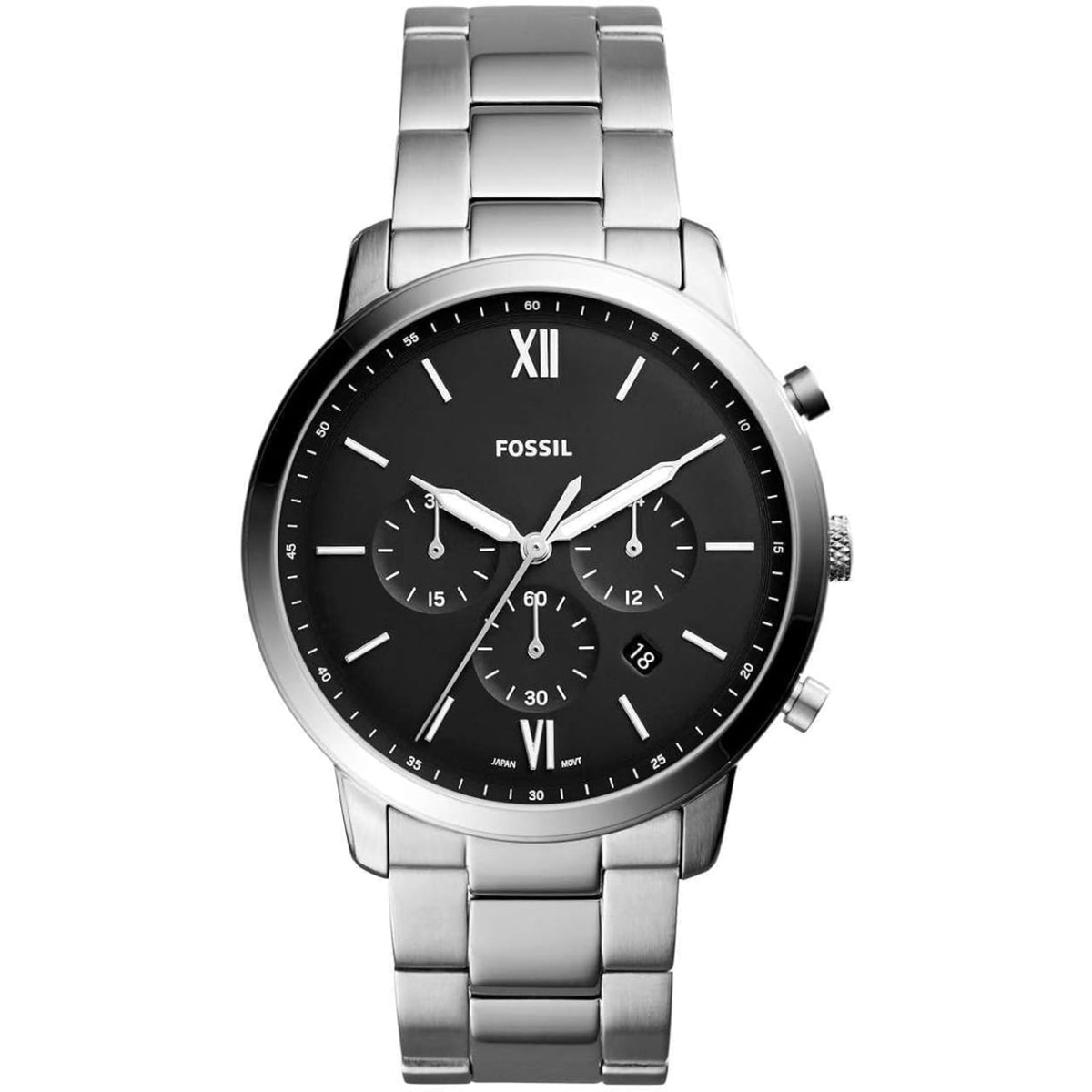 Front view of the Fossil Neutra FS5384 chronograph watch featuring a black dial, sub-dials, date window, and stainless steel link bracelet